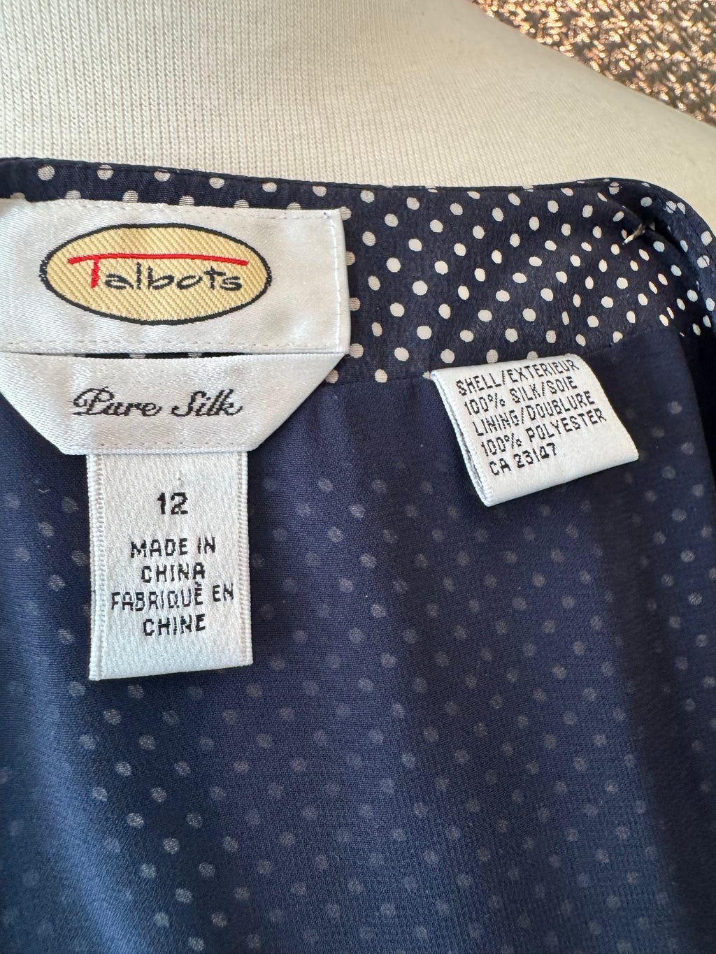 Talbots Pure Silk Navy Polka Dot A-Line Skirt -Size 12