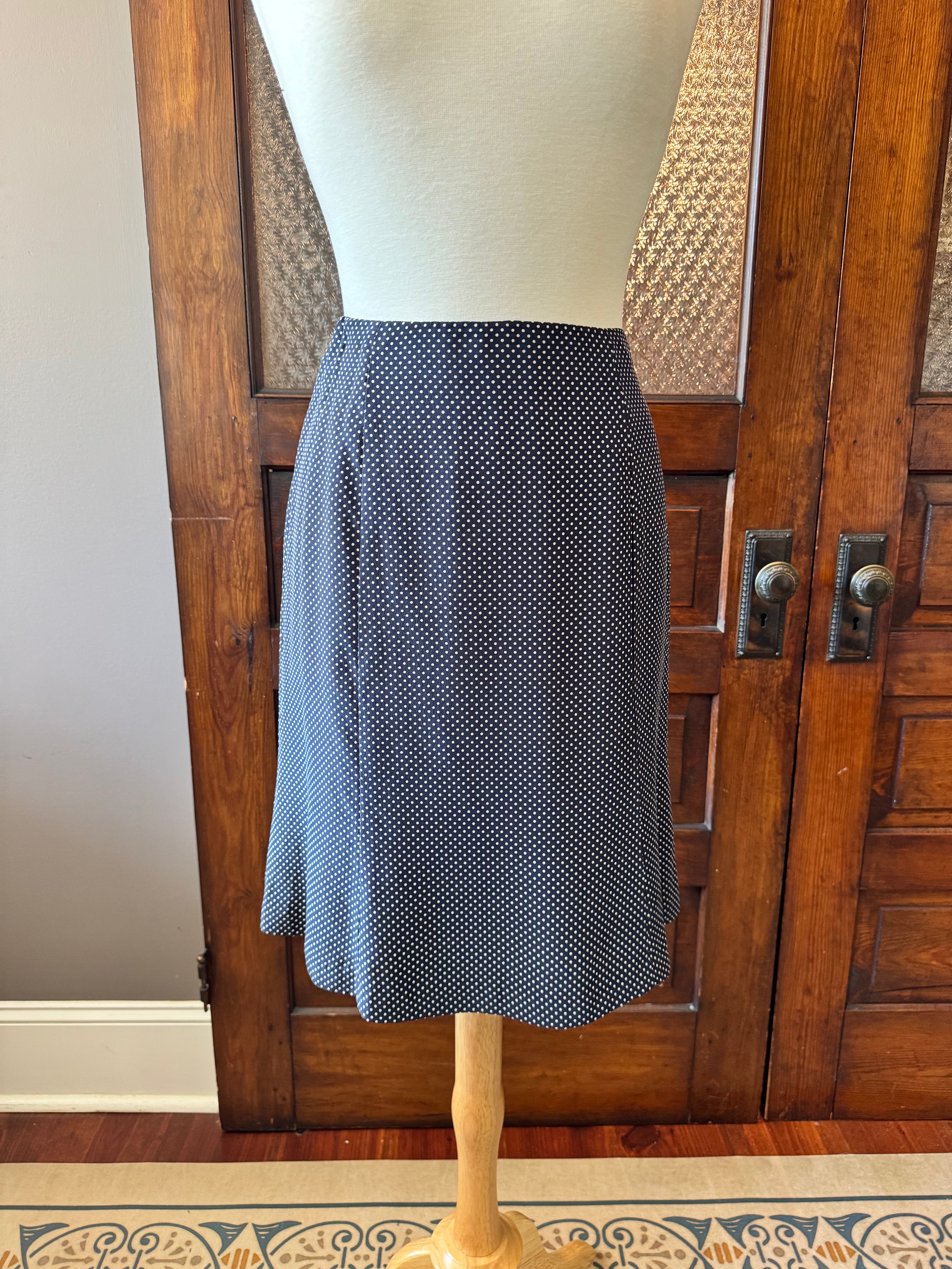 Talbots Pure Silk Navy Polka Dot A-Line Skirt -Size 12