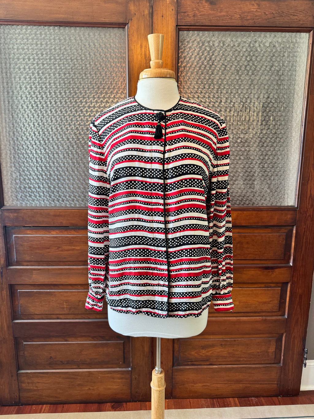 Vintage Maggy London 100% Silk Blouse Jacket Size 8 Striped Polka Dot Tassel