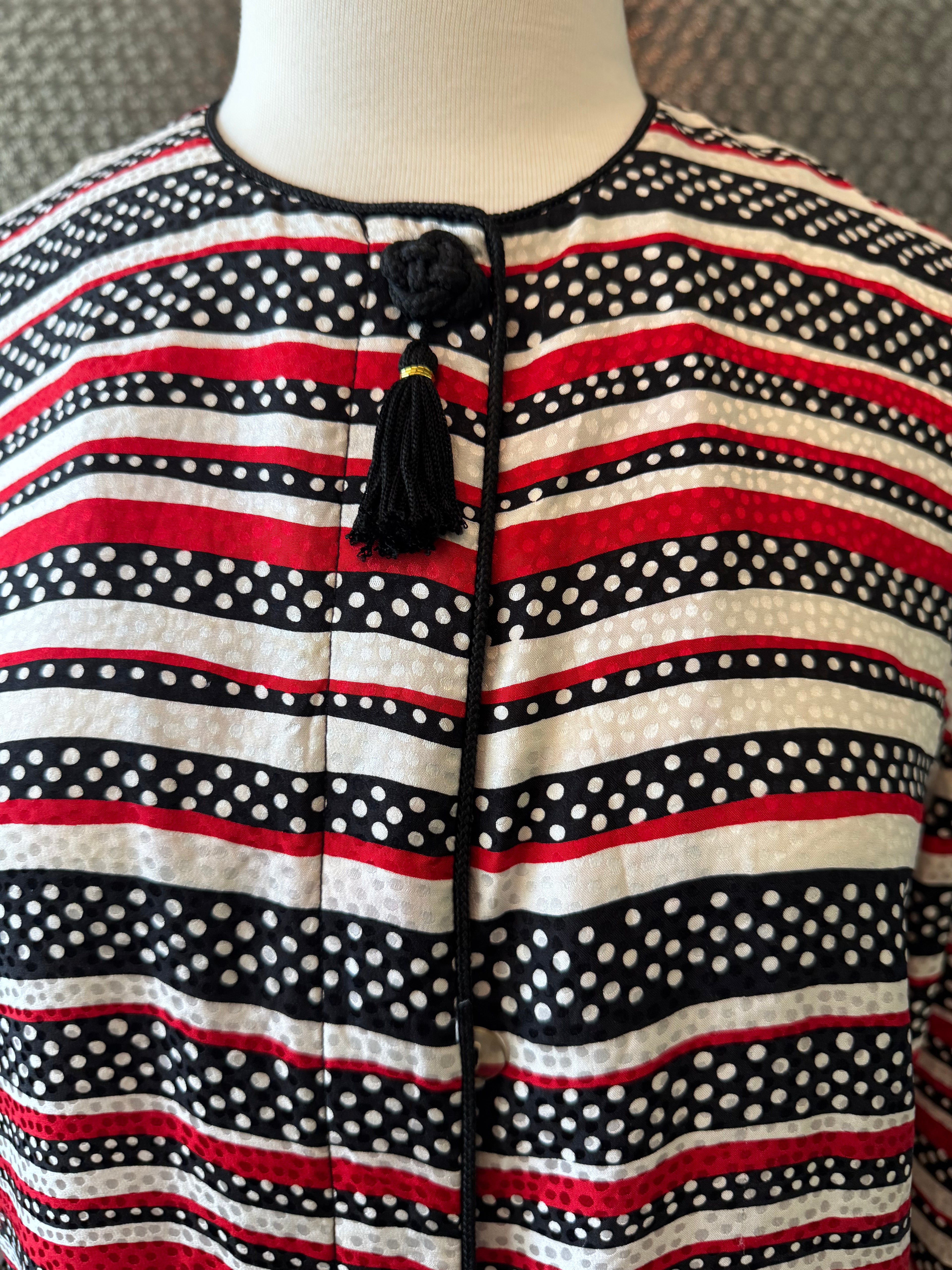 Vintage Maggy London 100% Silk Blouse Jacket Size 8 Striped Polka Dot Tassel