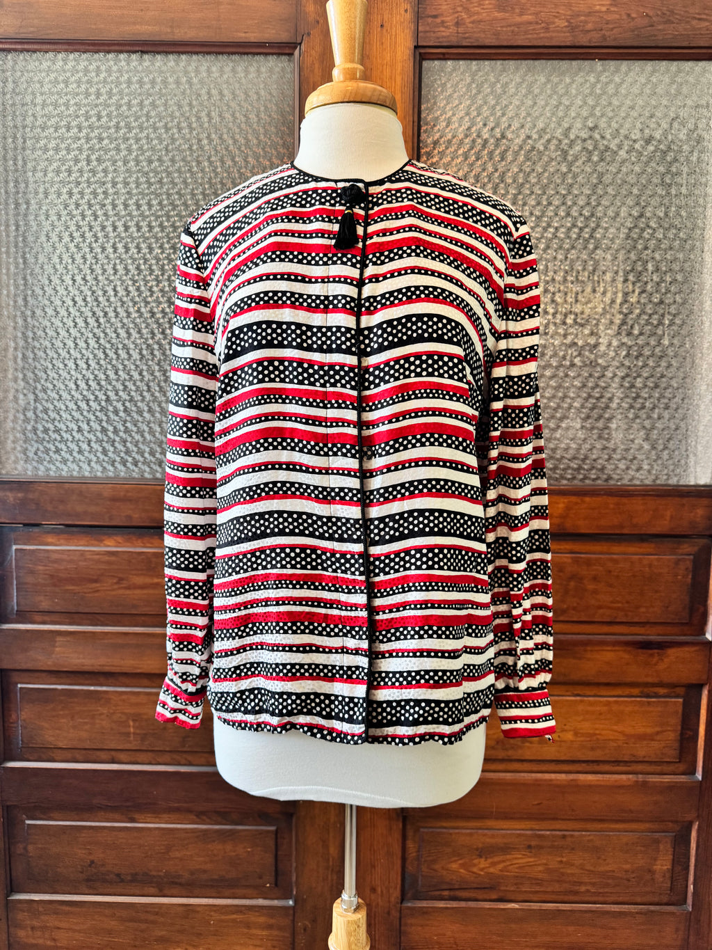 Vintage Maggy London 100% Silk Blouse Jacket Size 8 Striped Polka Dot Tassel