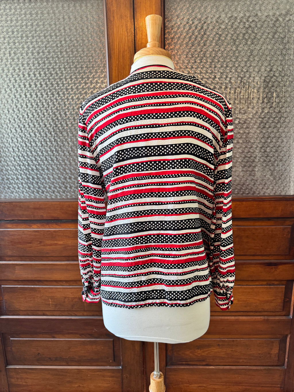 Vintage Maggy London 100% Silk Blouse Jacket Size 8 Striped Polka Dot Tassel