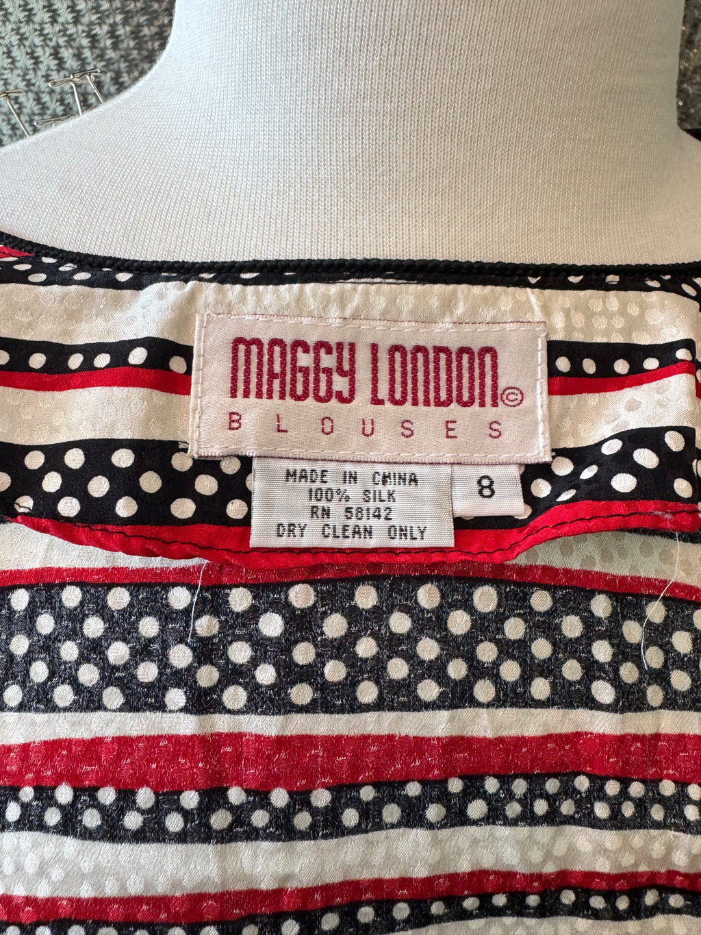 Vintage Maggy London 100% Silk Blouse Jacket Size 8 Striped Polka Dot Tassel
