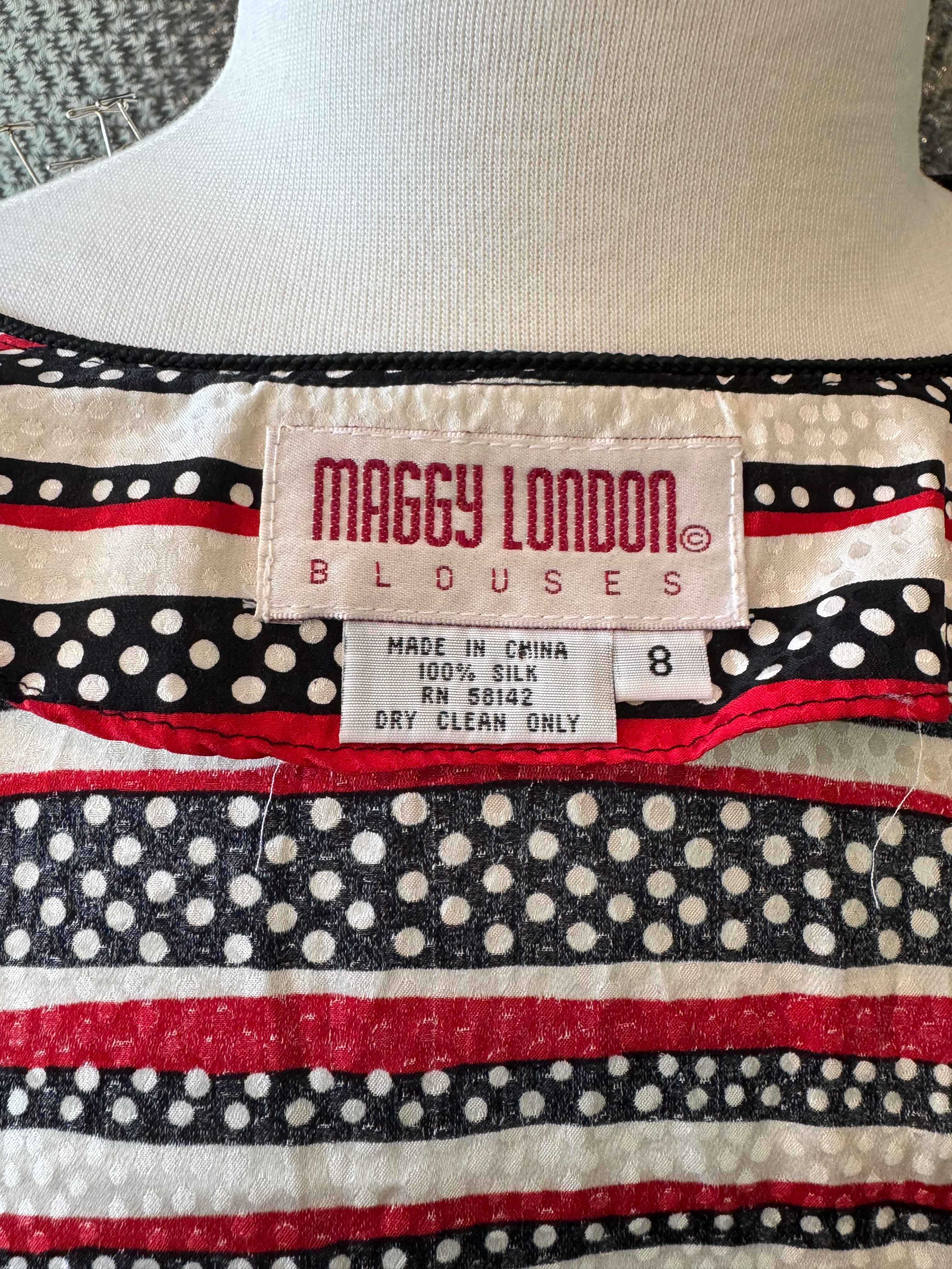 Vintage Maggy London 100% Silk Blouse Jacket Size 8 Striped Polka Dot Tassel