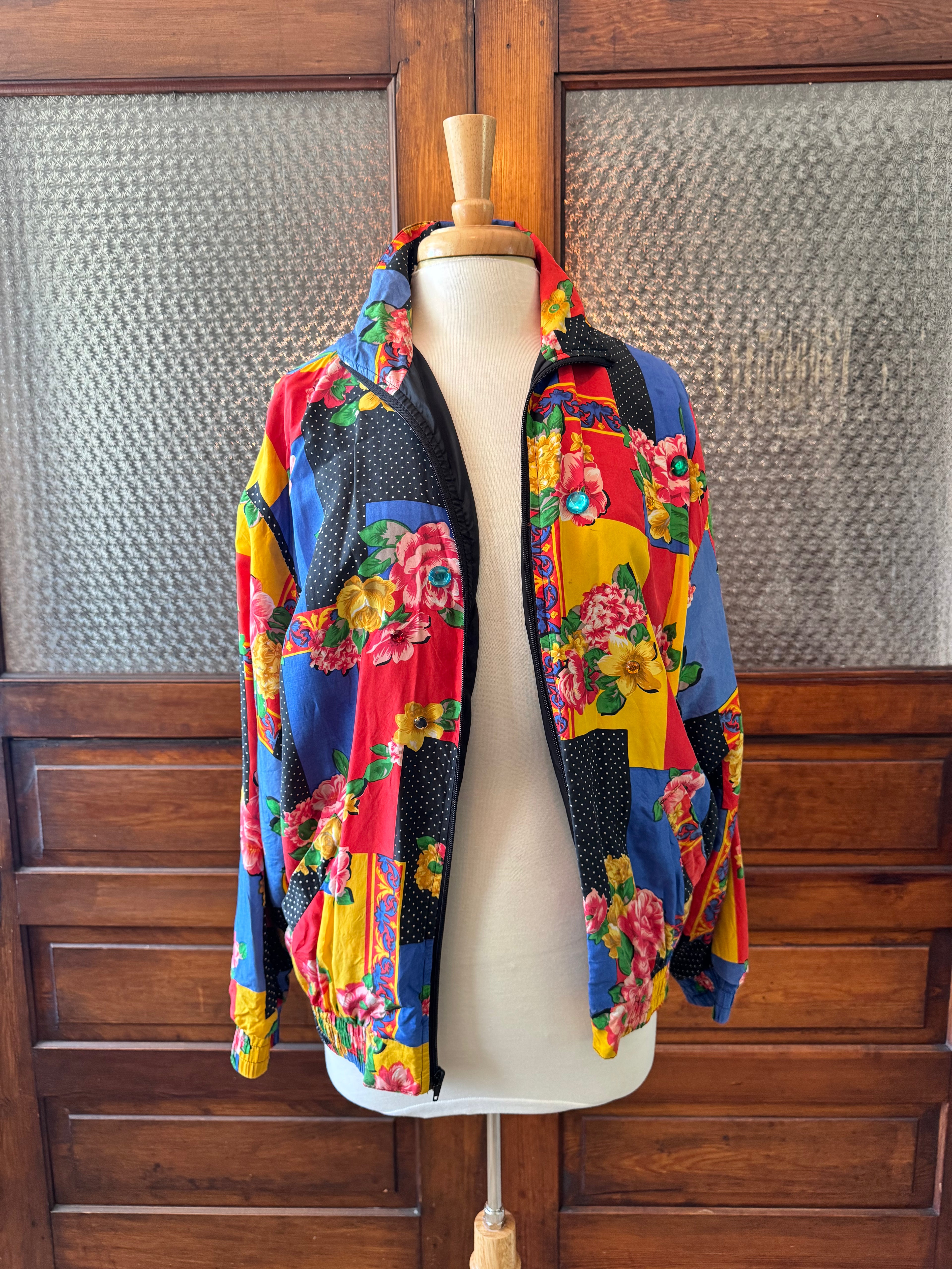 Vintage Shangrila Silk 100% Silk Bomber Jacket M Floral Patchwork Jeweled