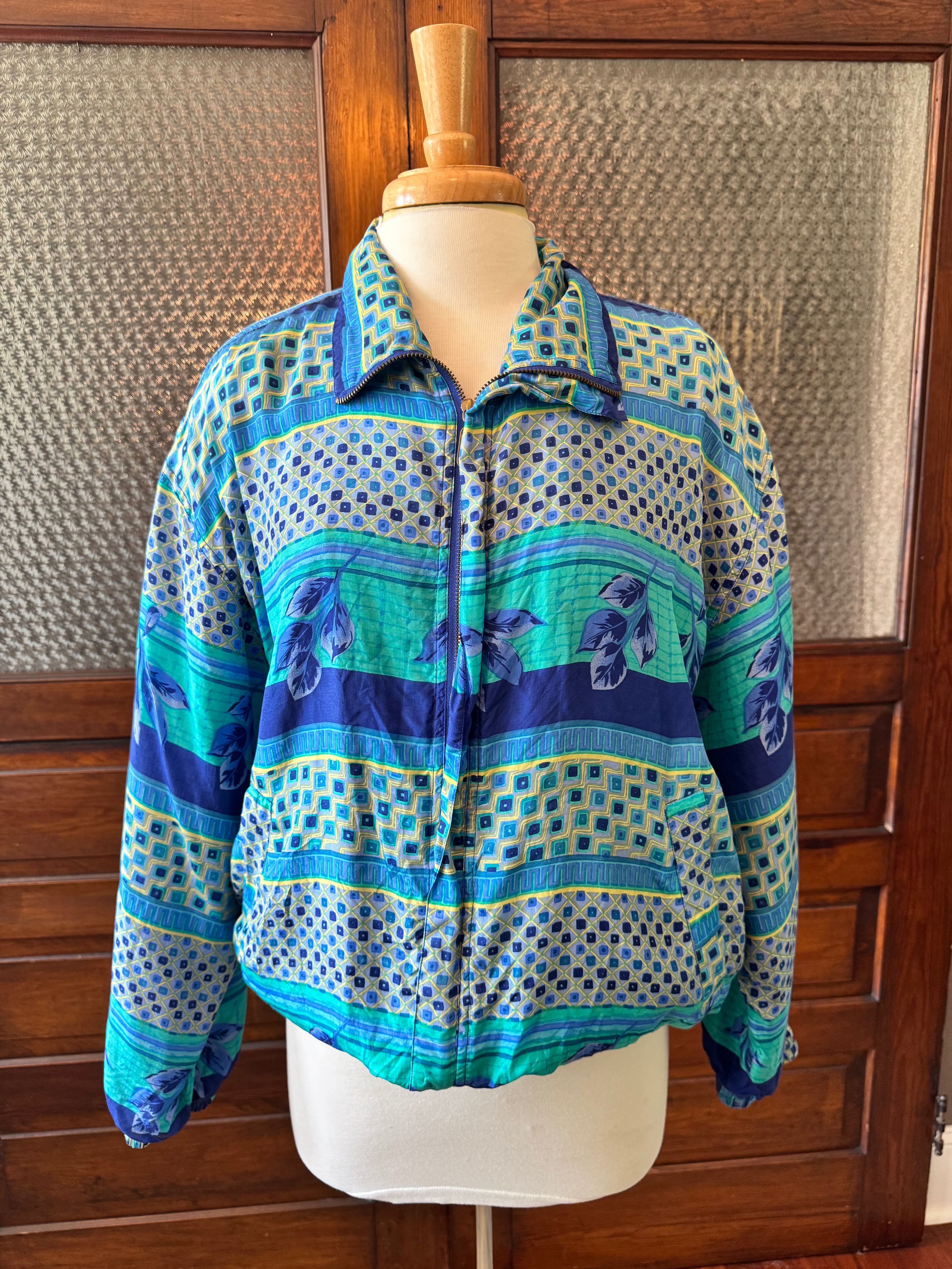 Vintage FUDA International 100% Silk Jacket Women's L Blue Green Geometric