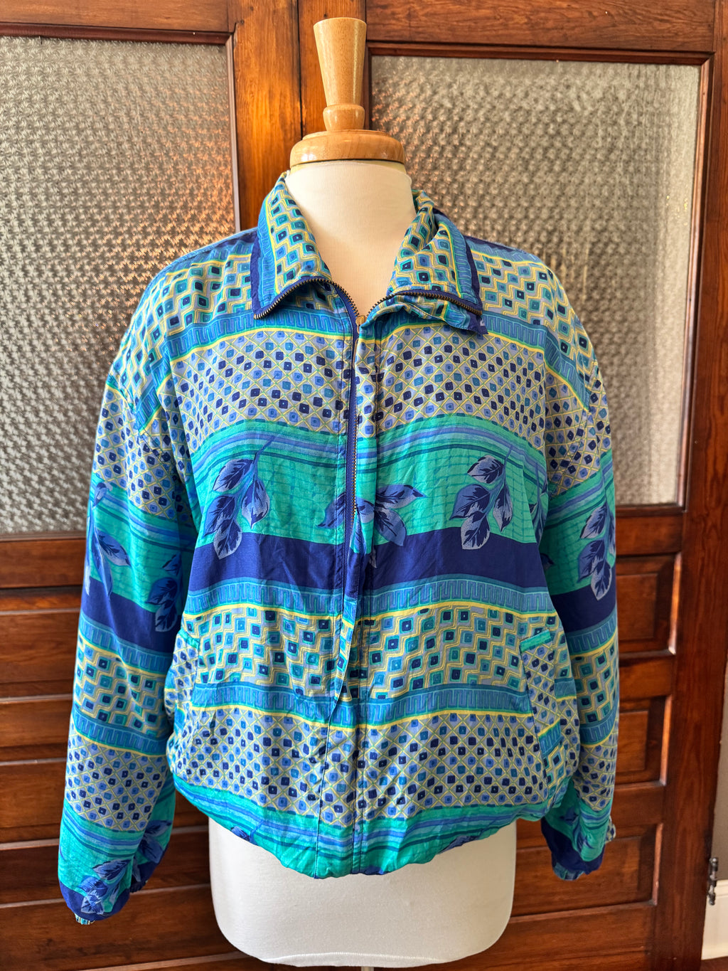 Vintage FUDA International 100% Silk Jacket Women's L Blue Green Geometric