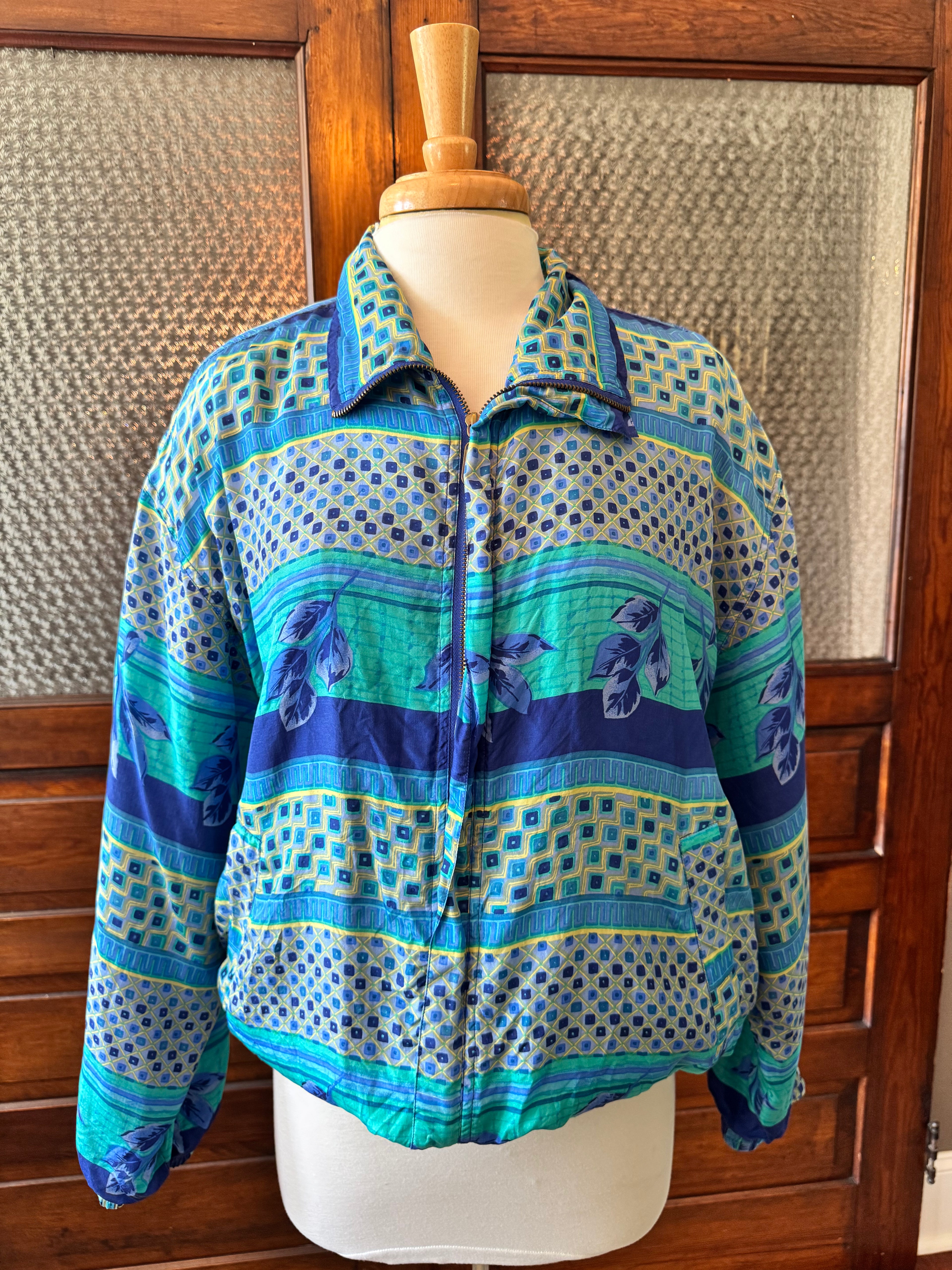 Vintage FUDA International 100% Silk Jacket Women's L Blue Green Geometric