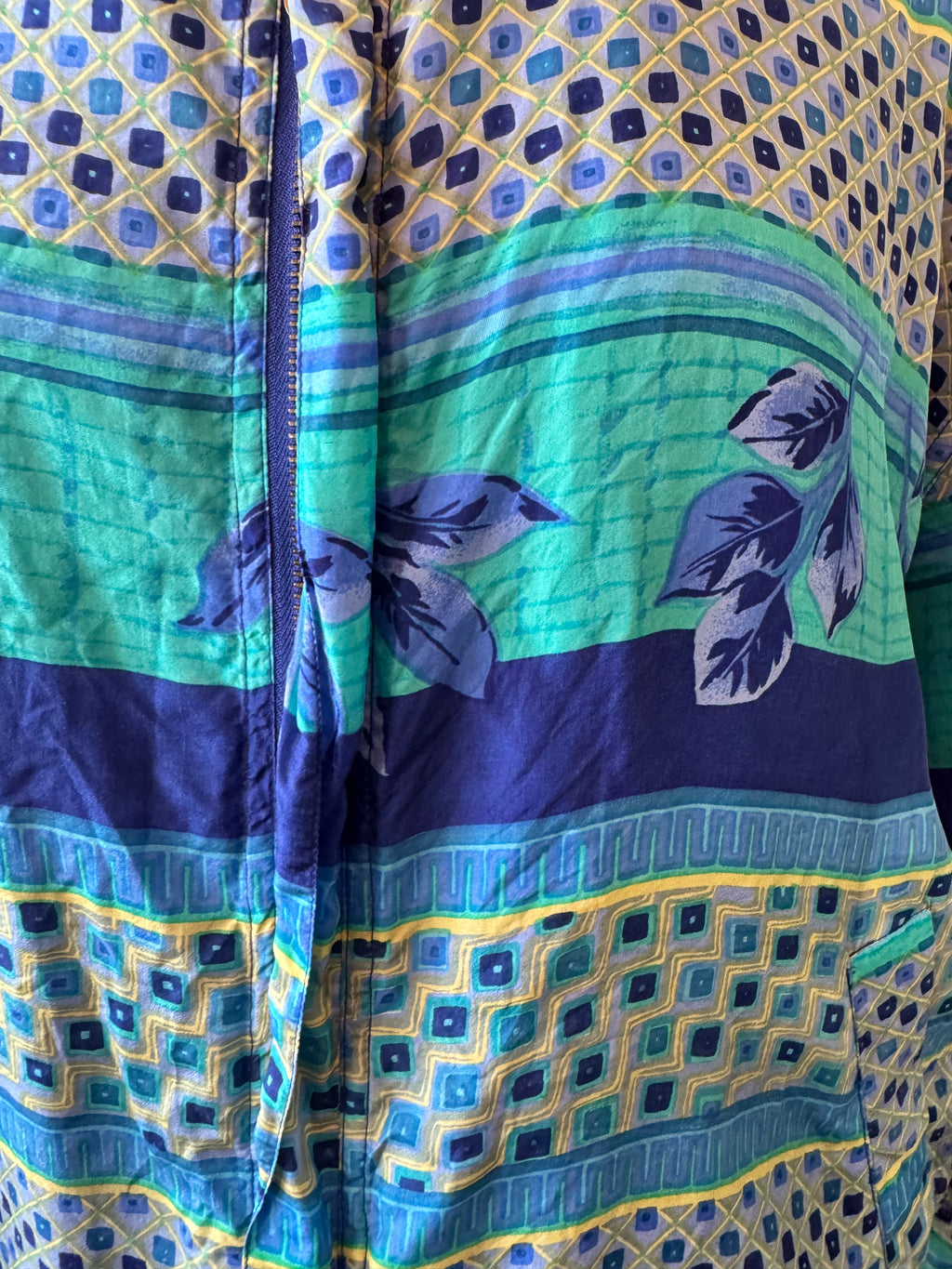 Vintage FUDA International 100% Silk Jacket Women's L Blue Green Geometric