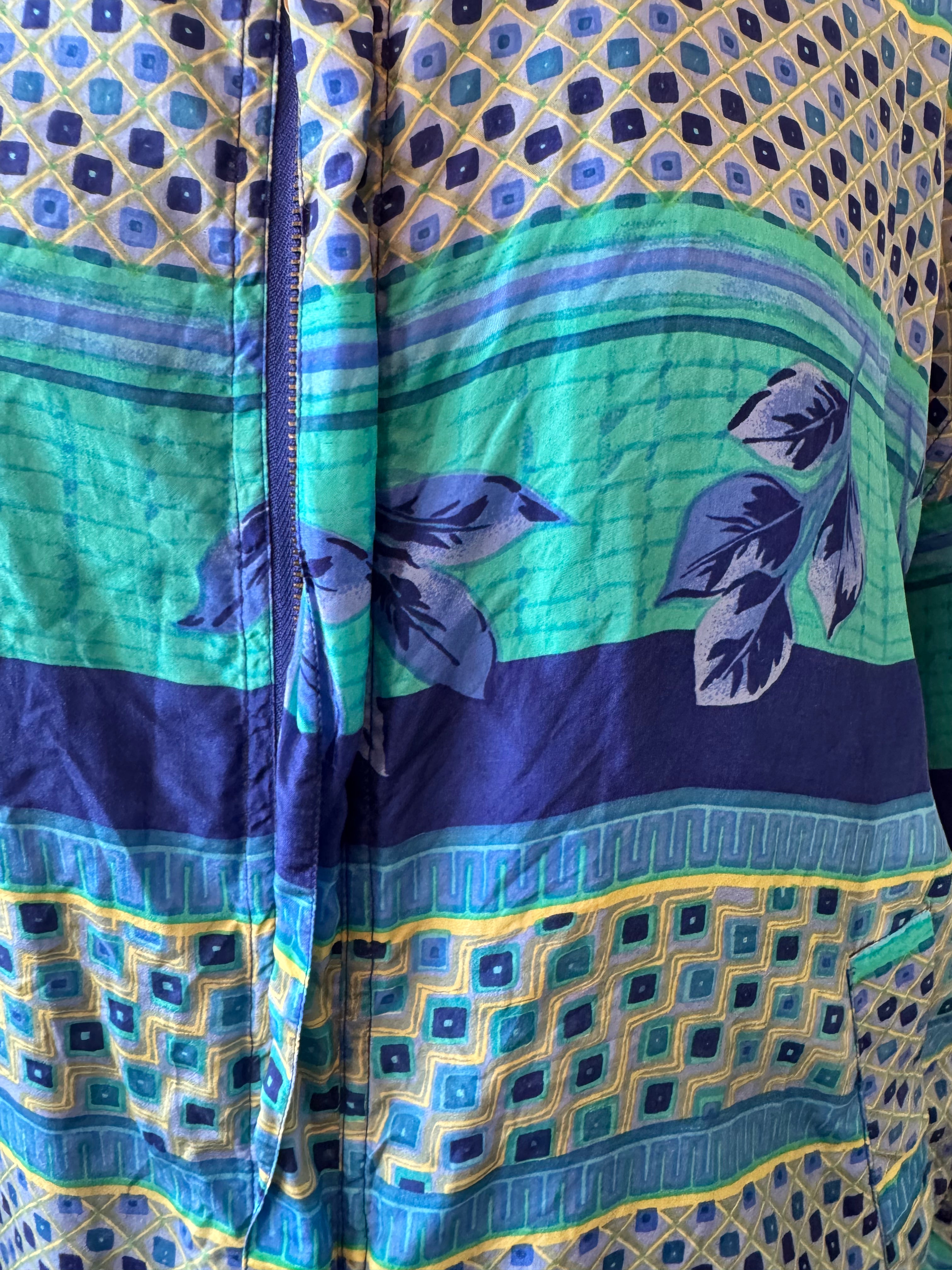 Vintage FUDA International 100% Silk Jacket Women's L Blue Green Geometric
