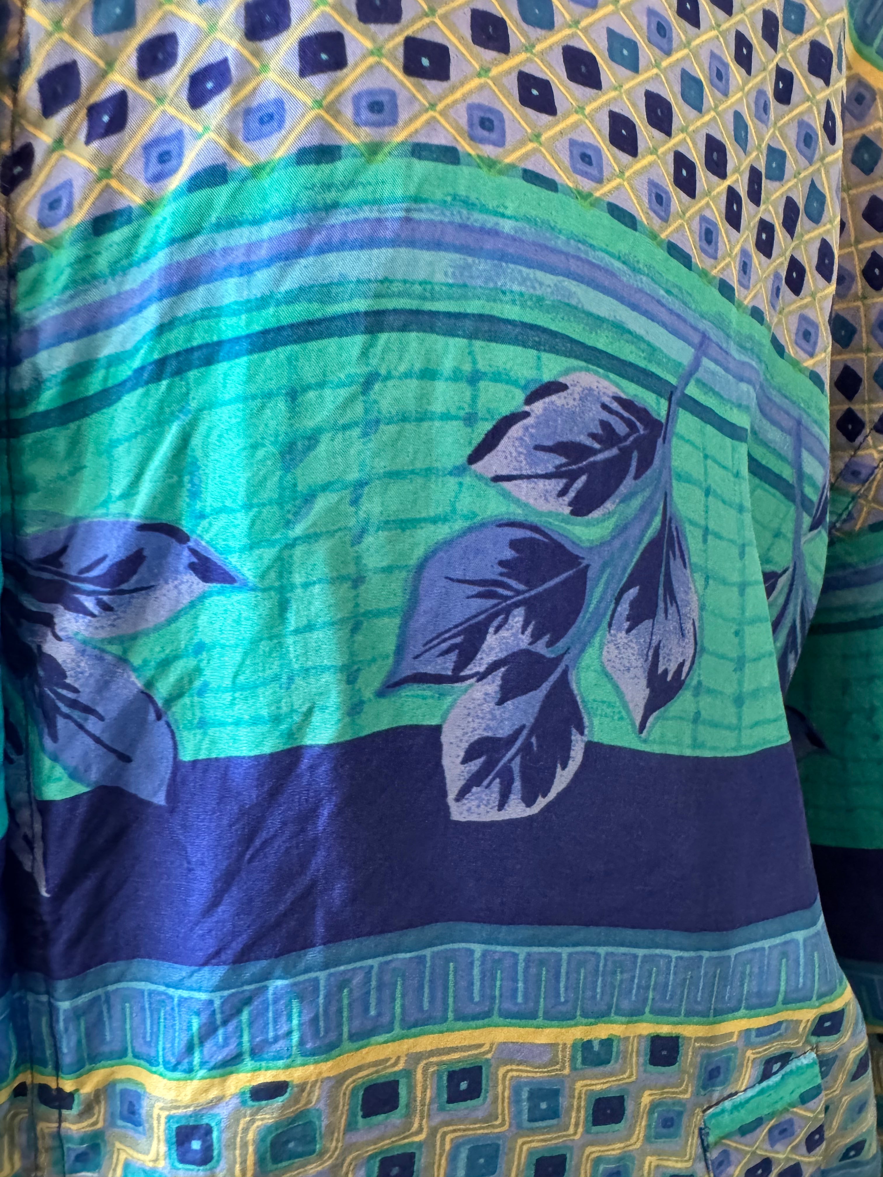 Vintage FUDA International 100% Silk Jacket Women's L Blue Green Geometric