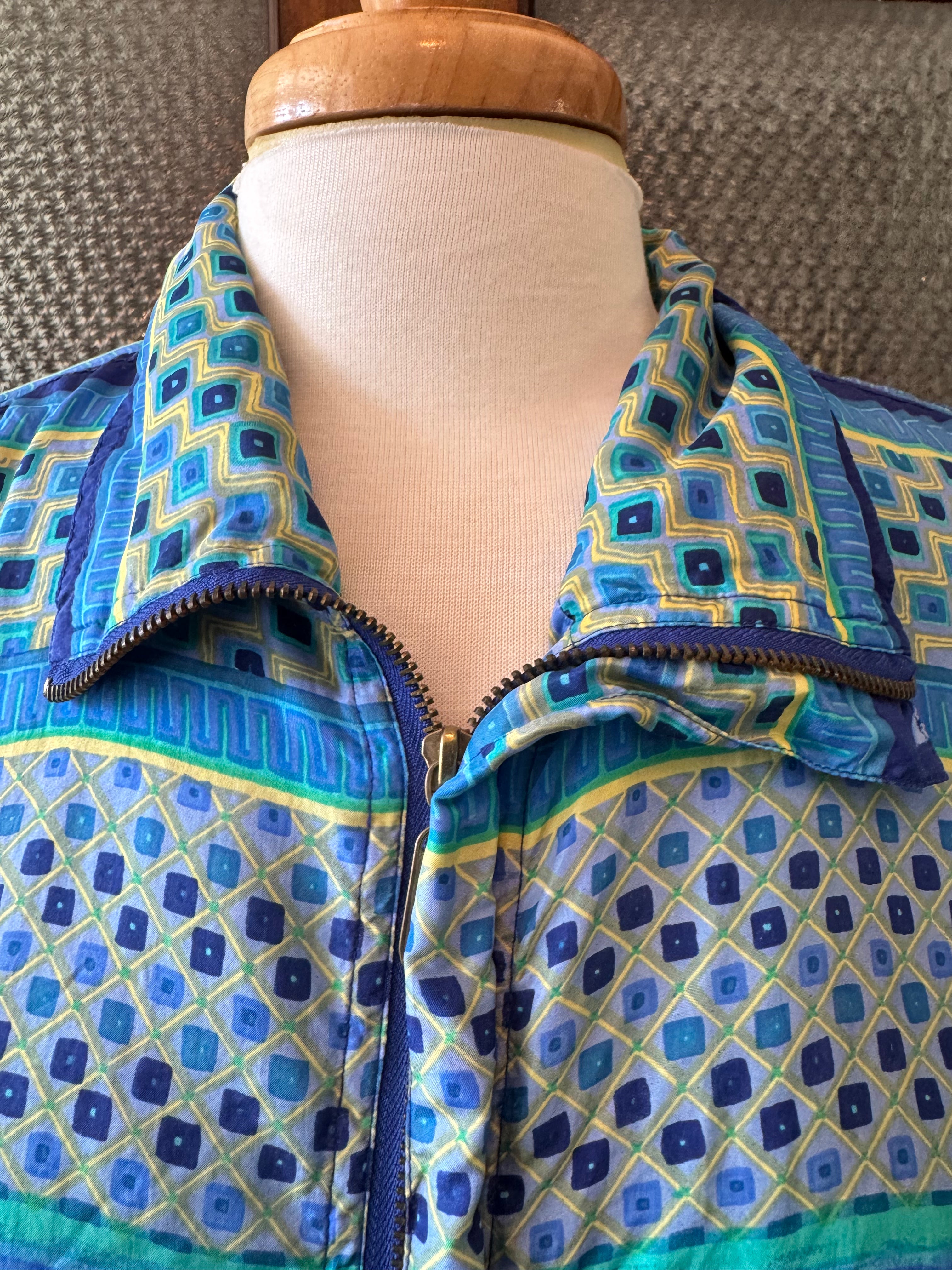 Vintage FUDA International 100% Silk Jacket Women's L Blue Green Geometric
