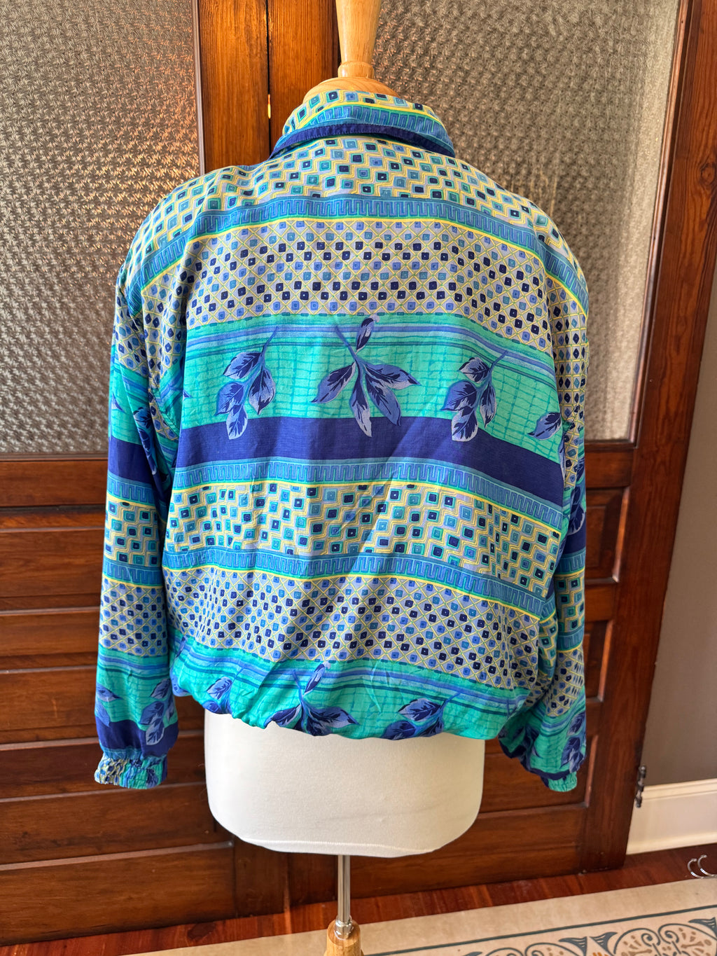 Vintage FUDA International 100% Silk Jacket Women's L Blue Green Geometric