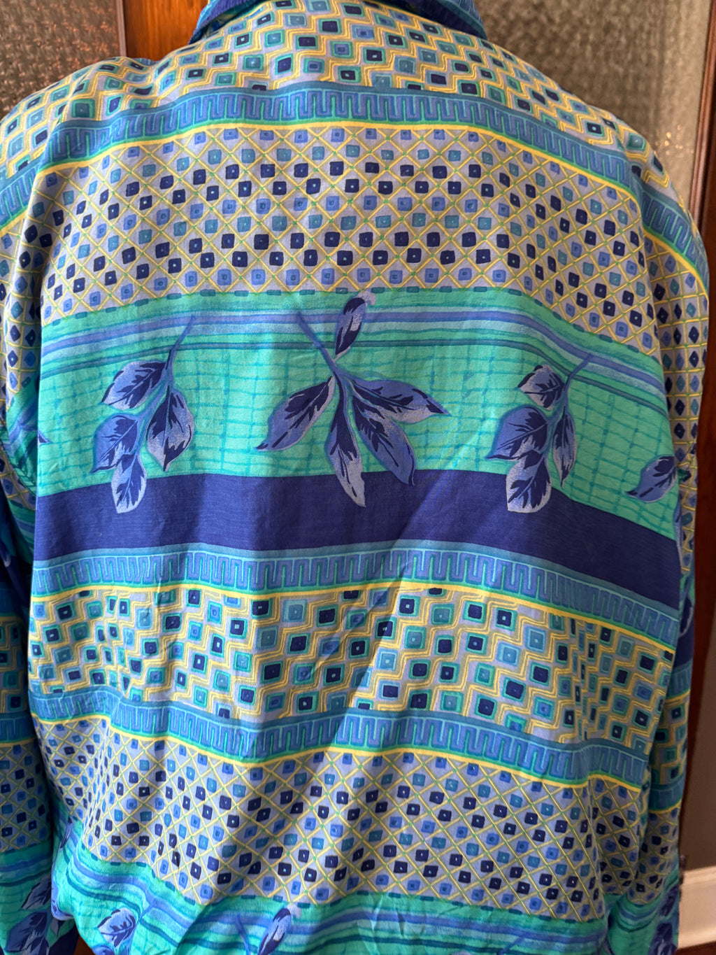 Vintage FUDA International 100% Silk Jacket Women's L Blue Green Geometric