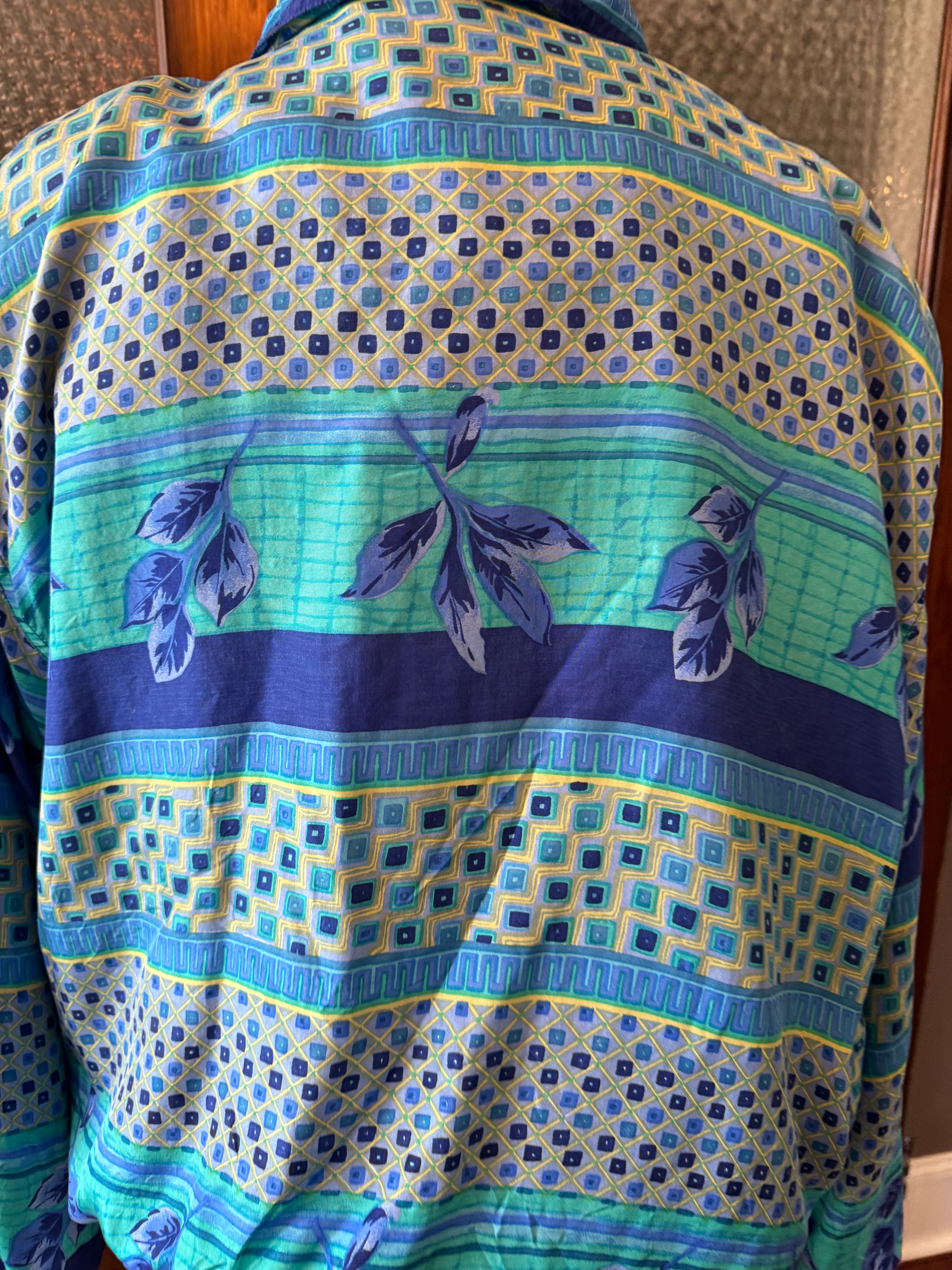 Vintage FUDA International 100% Silk Jacket Women's L Blue Green Geometric