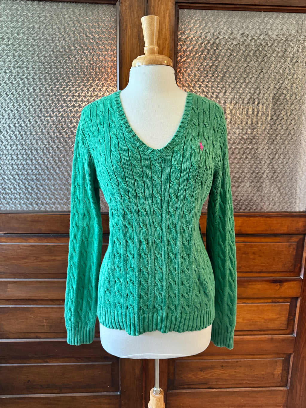 Ralph Lauren Sport XL Green Cable Knit Sweater Pink Pony 100% Cotton V Neck