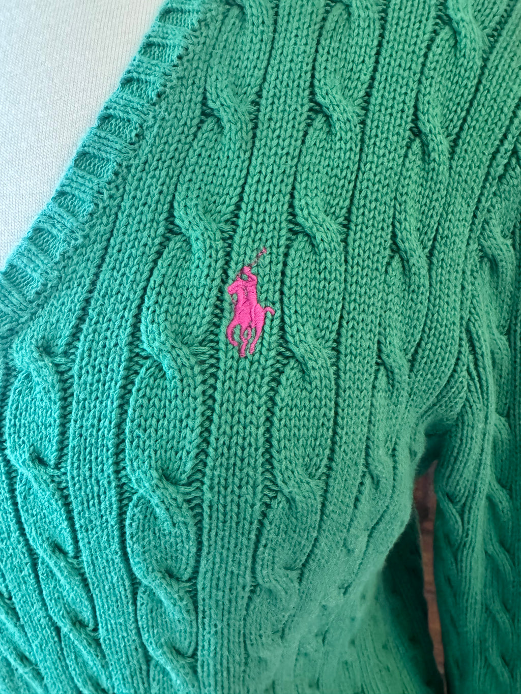Ralph Lauren Sport XL Green Cable Knit Sweater Pink Pony 100% Cotton V Neck