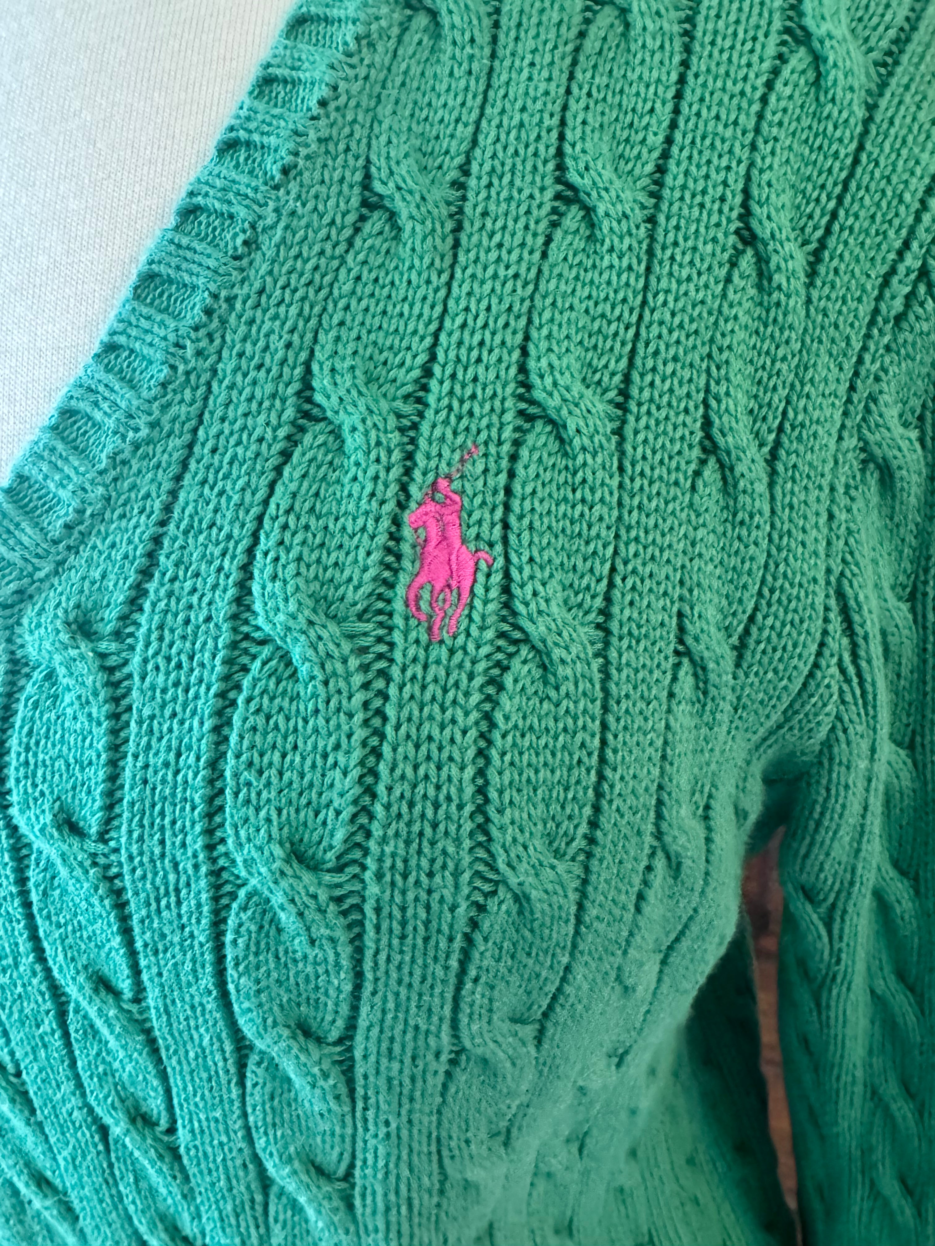 Ralph Lauren Sport XL Green Cable Knit Sweater Pink Pony 100% Cotton V Neck