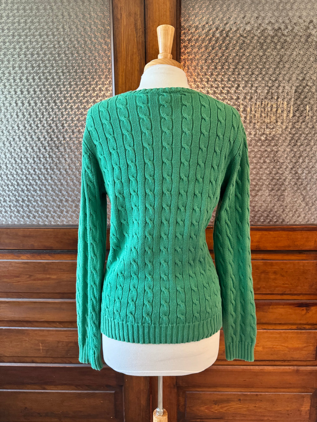 Ralph Lauren Sport XL Green Cable Knit Sweater Pink Pony 100% Cotton V Neck