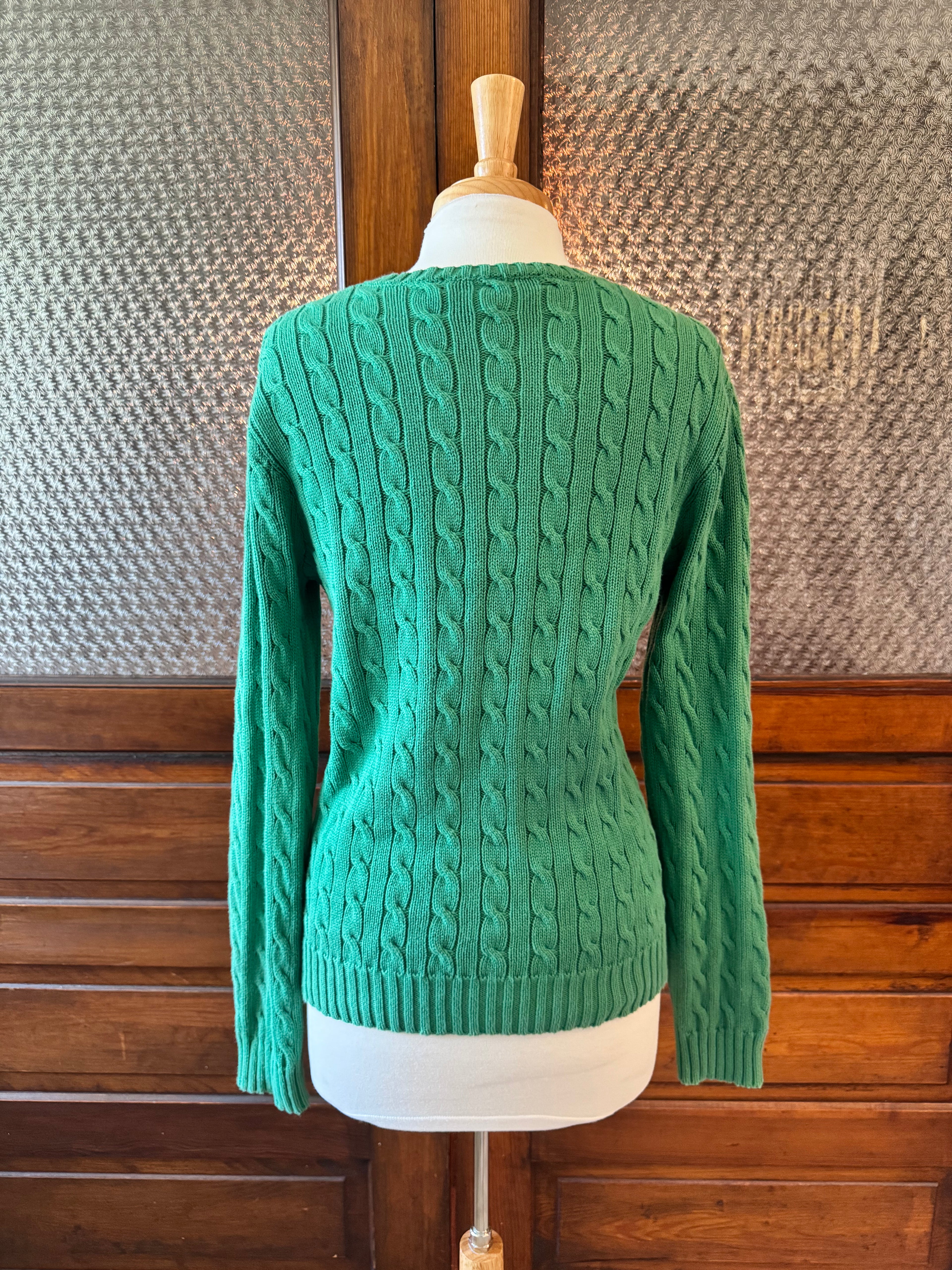 Ralph Lauren Sport XL Green Cable Knit Sweater Pink Pony 100% Cotton V Neck