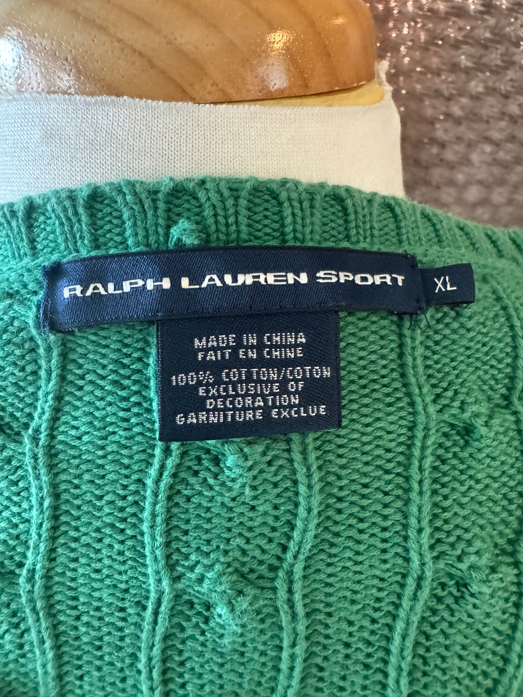 Ralph Lauren Sport XL Green Cable Knit Sweater Pink Pony 100% Cotton V Neck