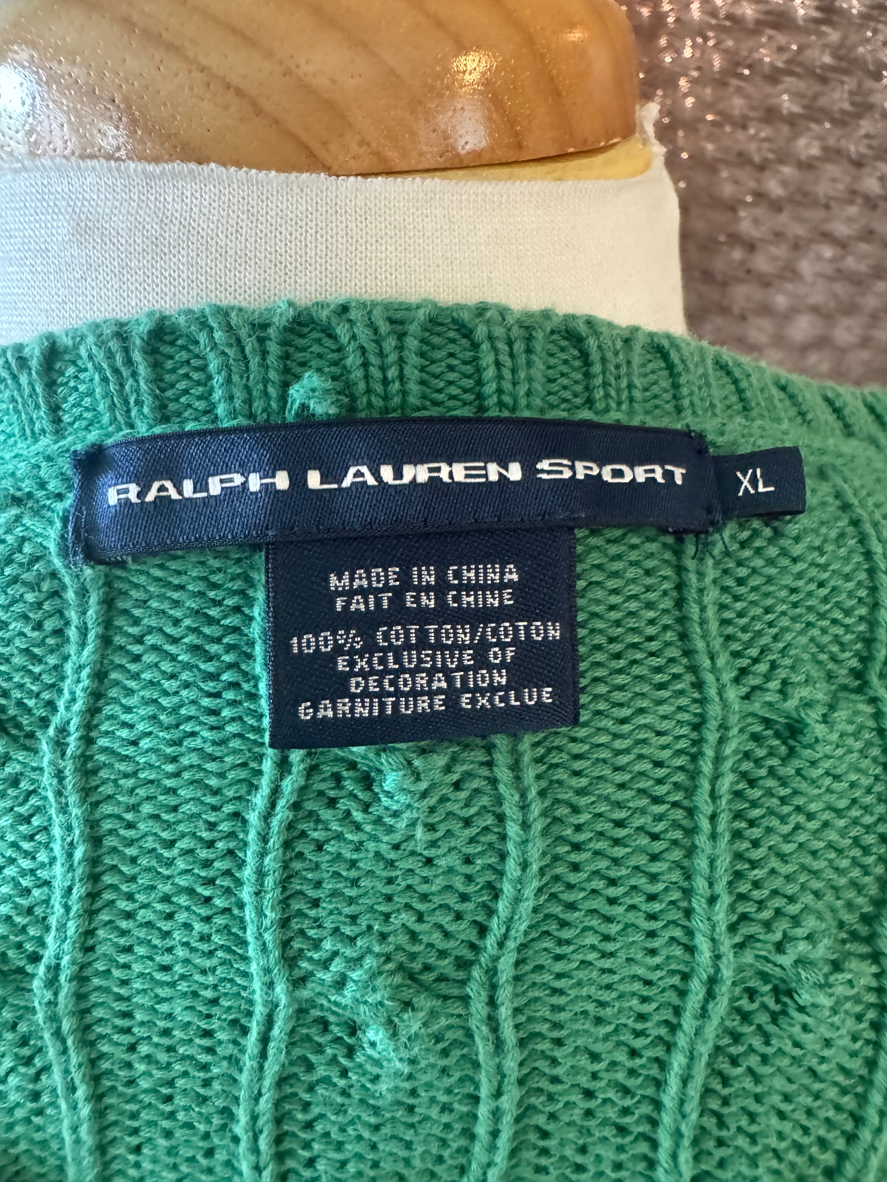 Ralph Lauren Sport XL Green Cable Knit Sweater Pink Pony 100% Cotton V Neck