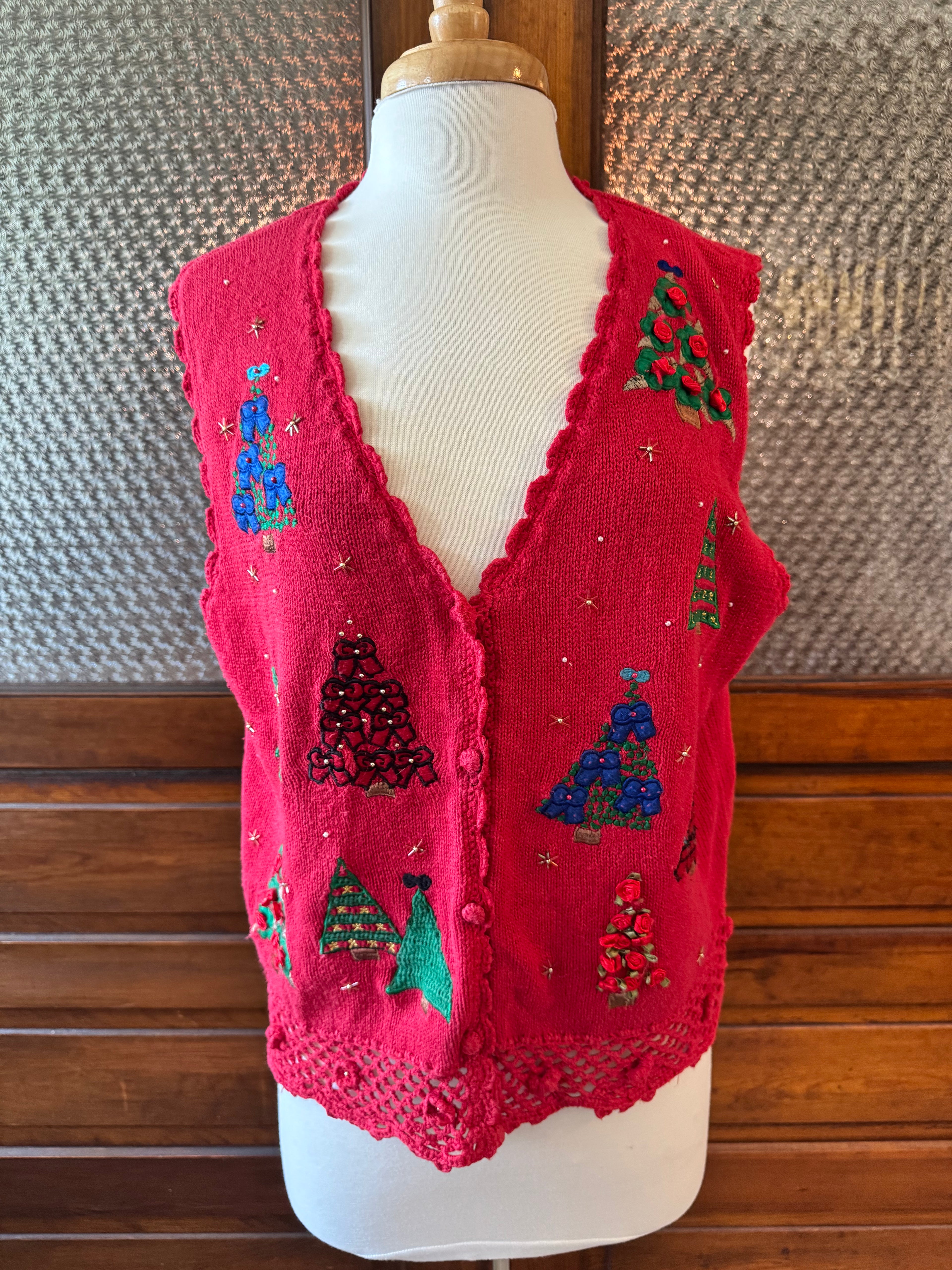 Vintage 80s Designers Originals Christmas Sweater Vest Embroidered Trees Red