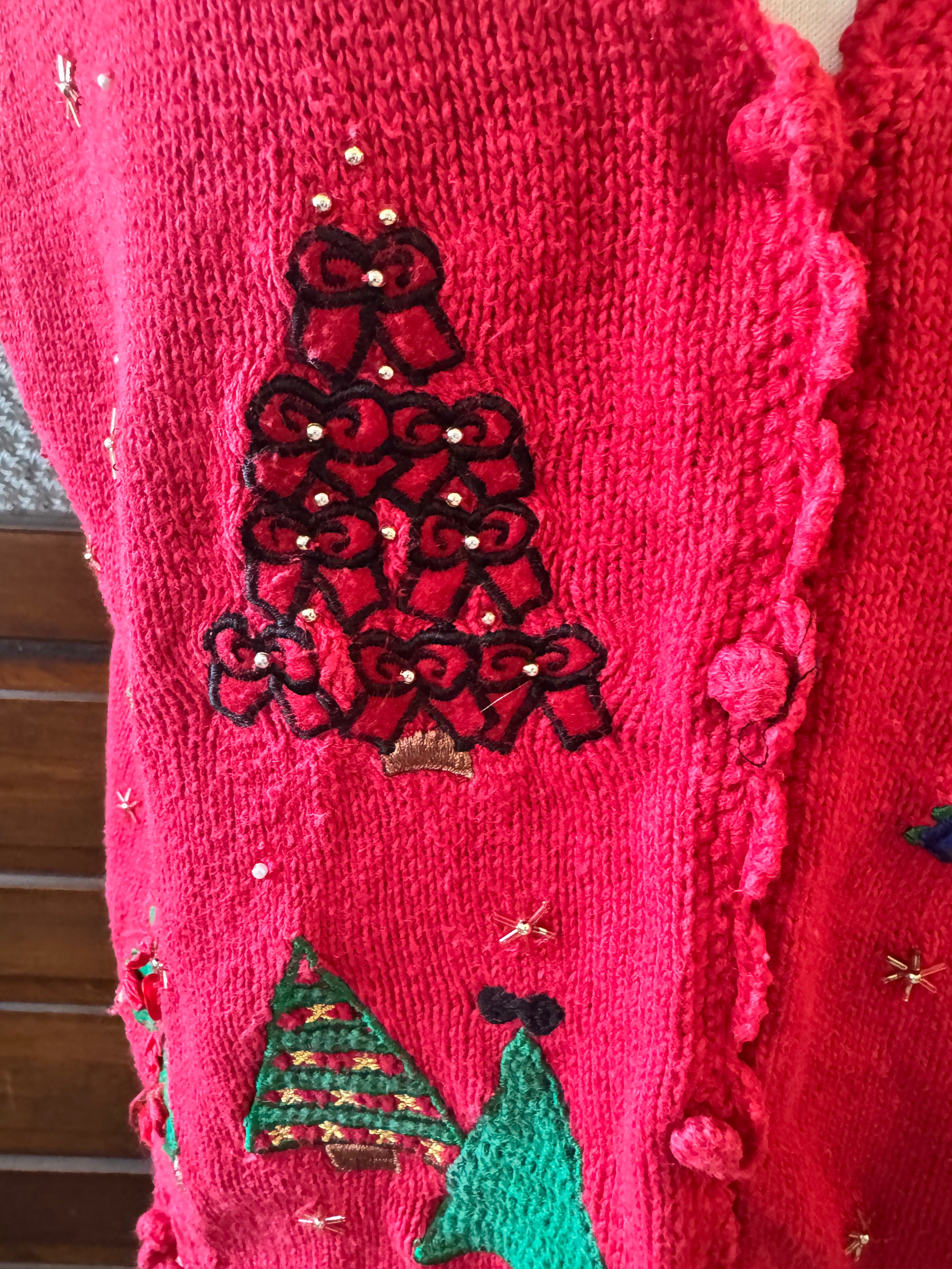 Vintage 80s Designers Originals Christmas Sweater Vest Embroidered Trees Red