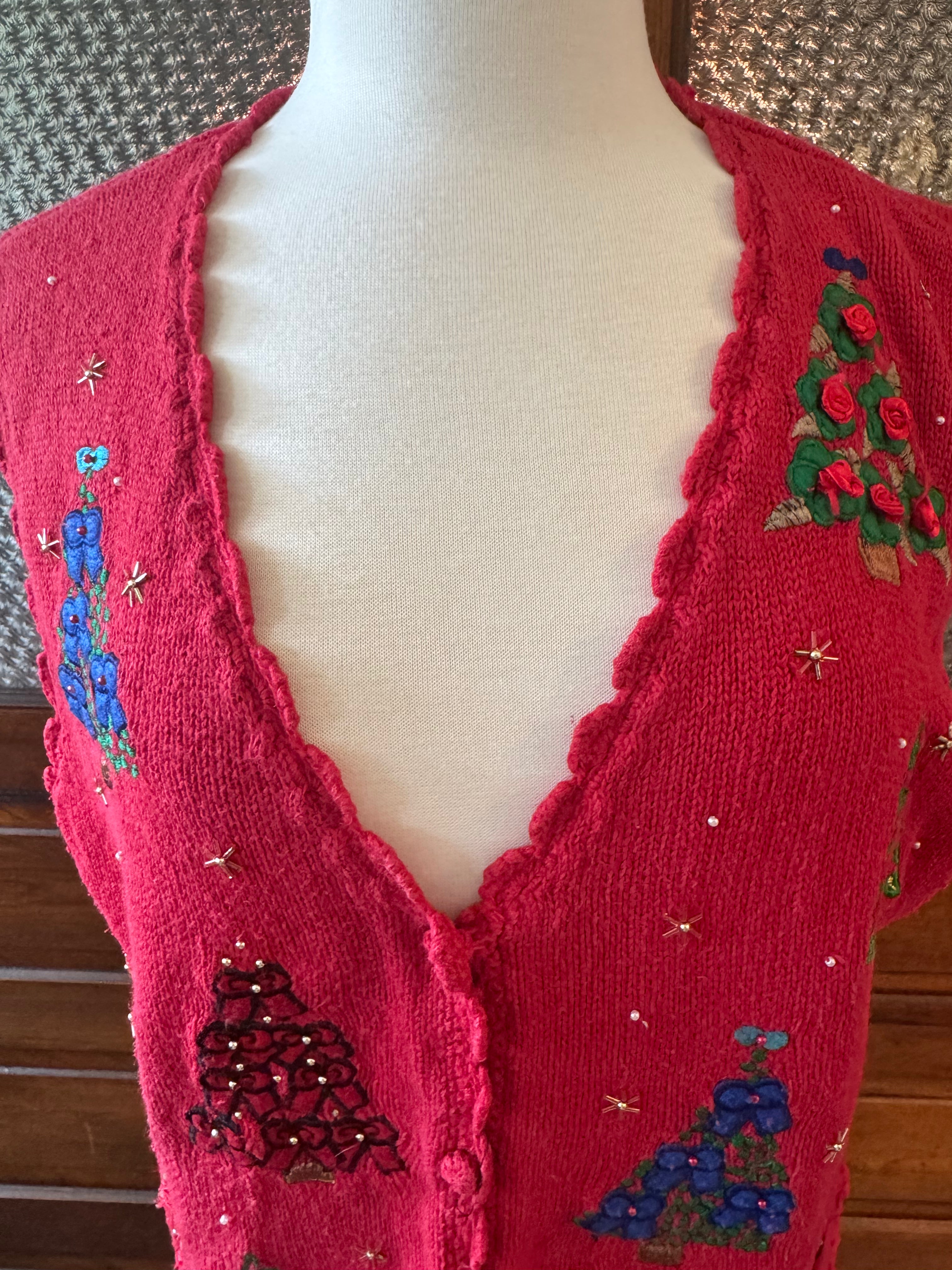 Vintage 80s Designers Originals Christmas Sweater Vest Embroidered Trees Red