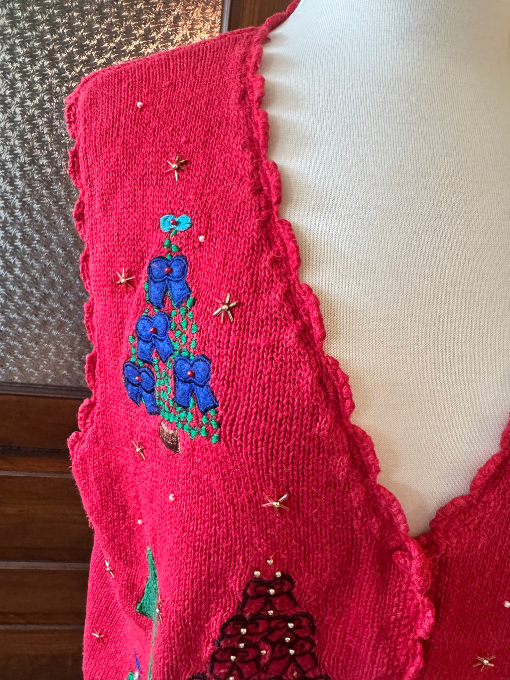 Vintage 80s Designers Originals Christmas Sweater Vest Embroidered Trees Red