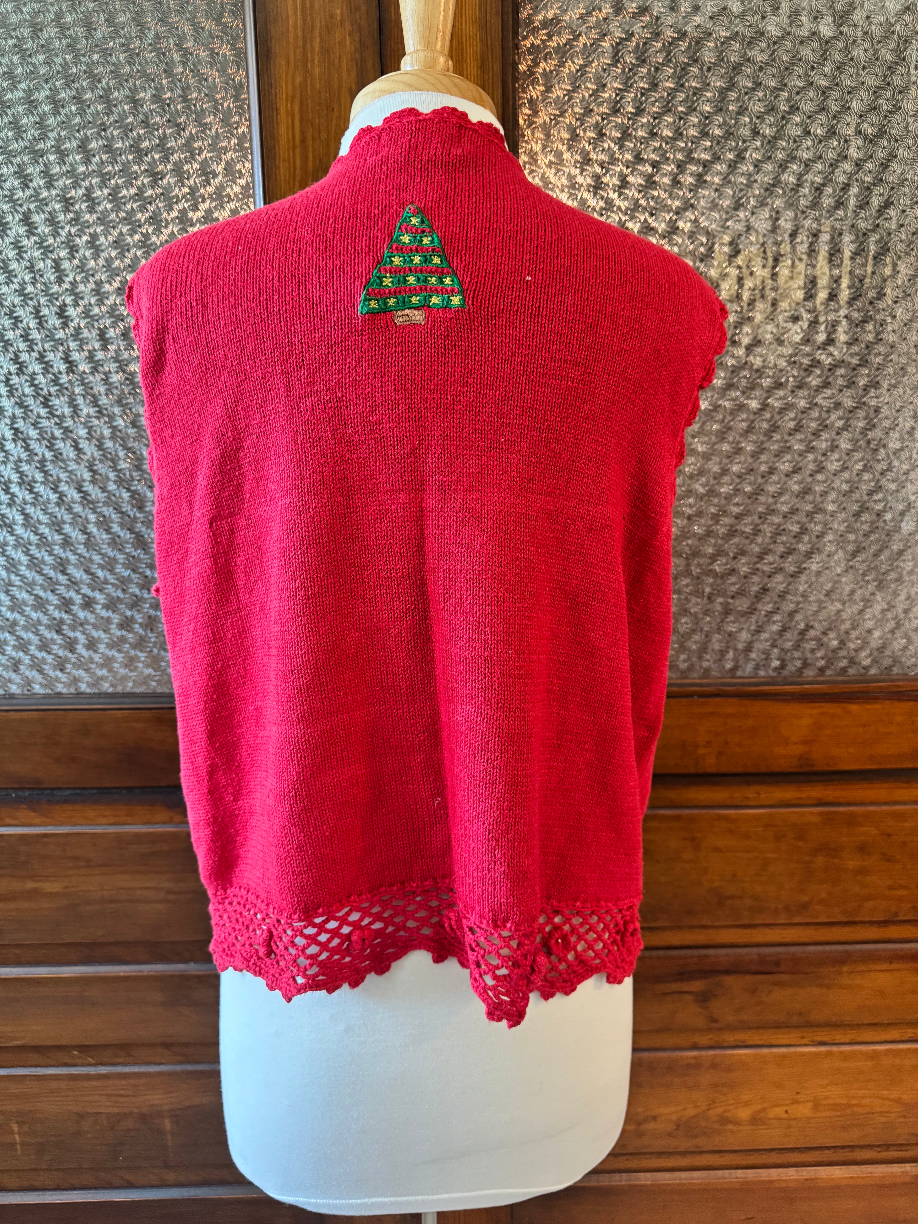 Vintage 80s Designers Originals Christmas Sweater Vest Embroidered Trees Red