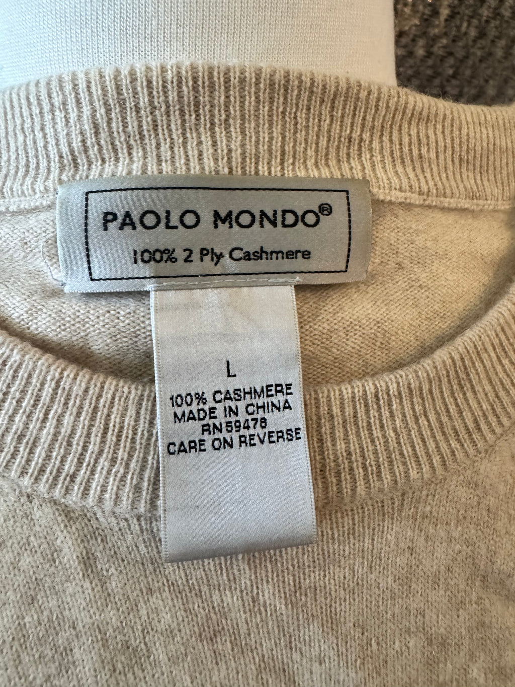 Paolo Mondo 100% Cashmere Sweater Men's L Oatmeal Beige 2-Ply Crewneck
