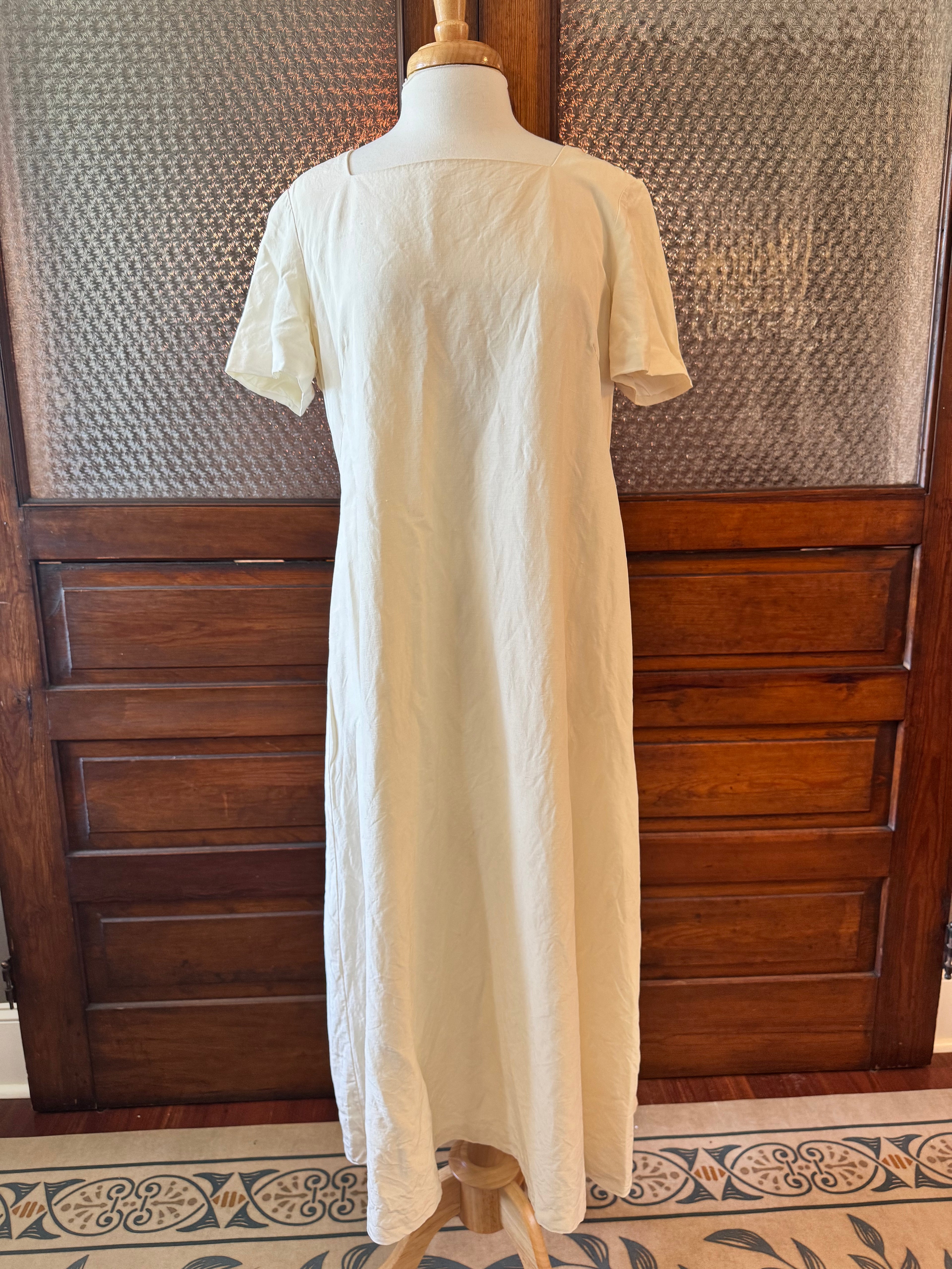 Vintage Laura Ashley Ivory Silk Linen Maxi Dress Size 14 Cottage Minimalist