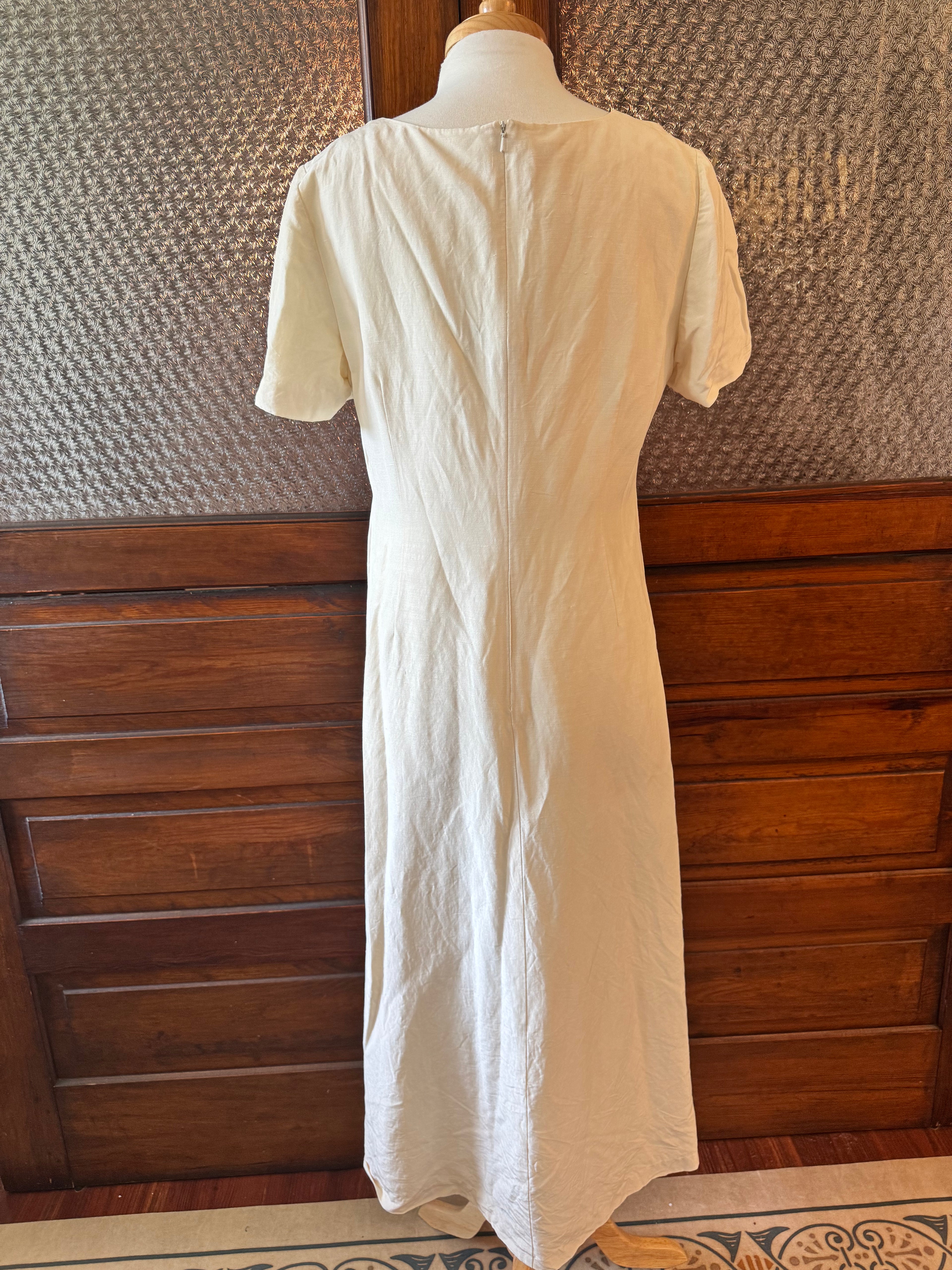 Vintage Laura Ashley Ivory Silk Linen Maxi Dress Size 14 Cottage Minimalist