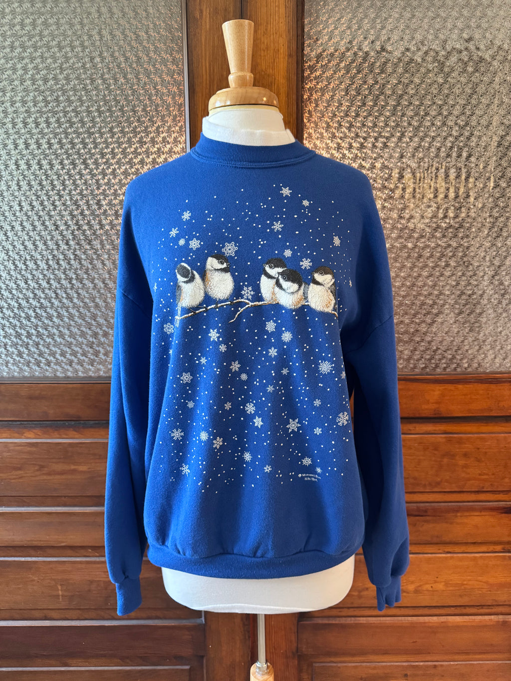 VIntage 90s Coldwater Creek Chickadee Bird Sweatshirt USA Made Blue XL