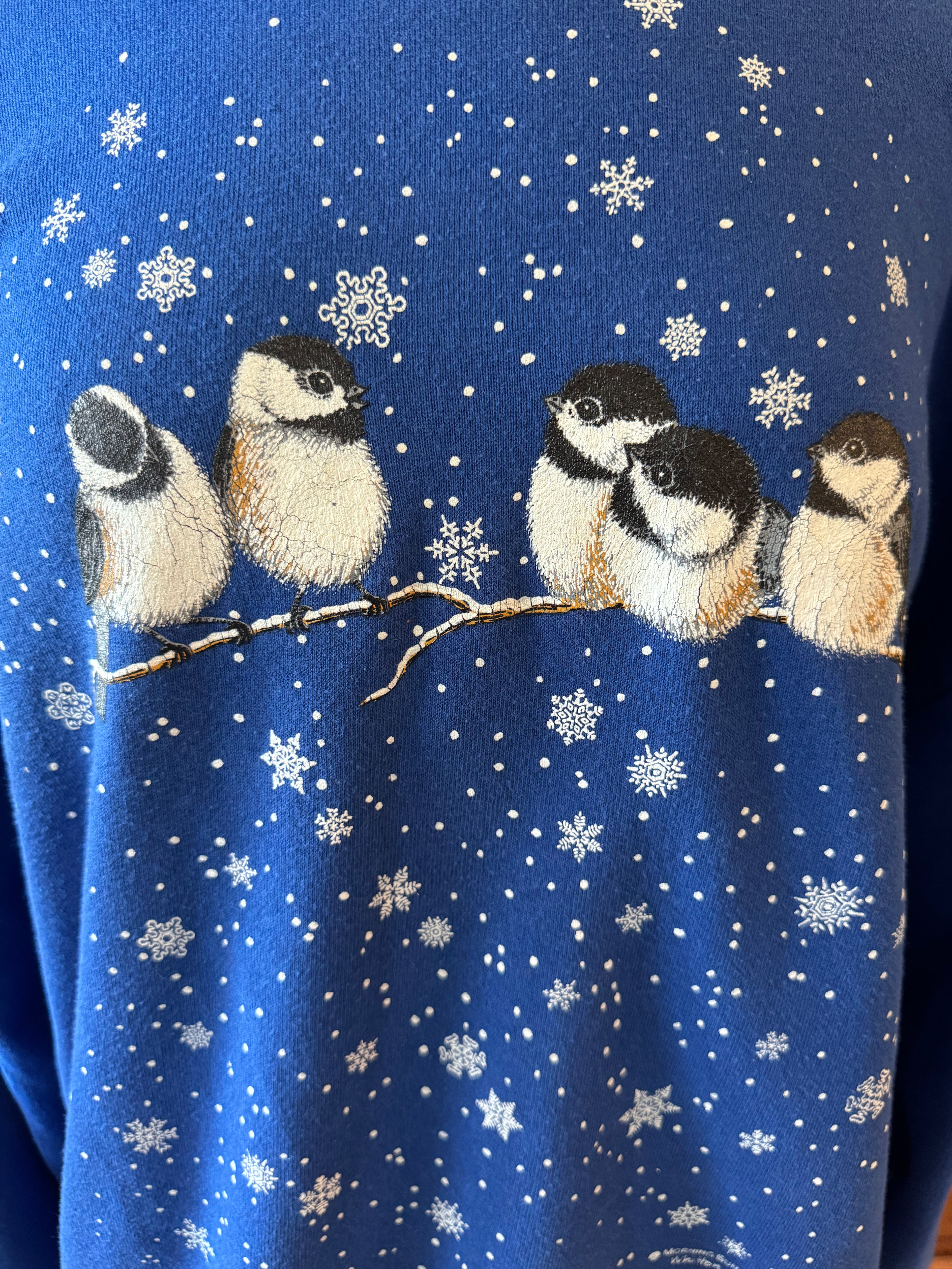 VIntage 90s Coldwater Creek Chickadee Bird Sweatshirt USA Made Blue XL
