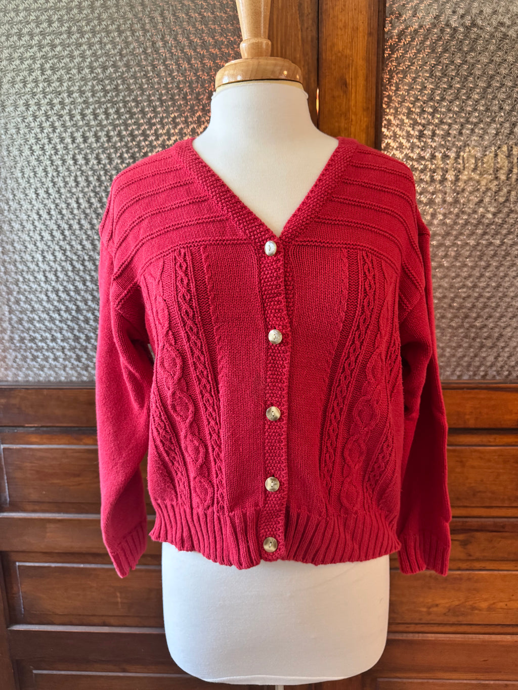 Vintage 90s Lizwear Cardigan M Red 100% Cotton Cable Knit Button Sweater