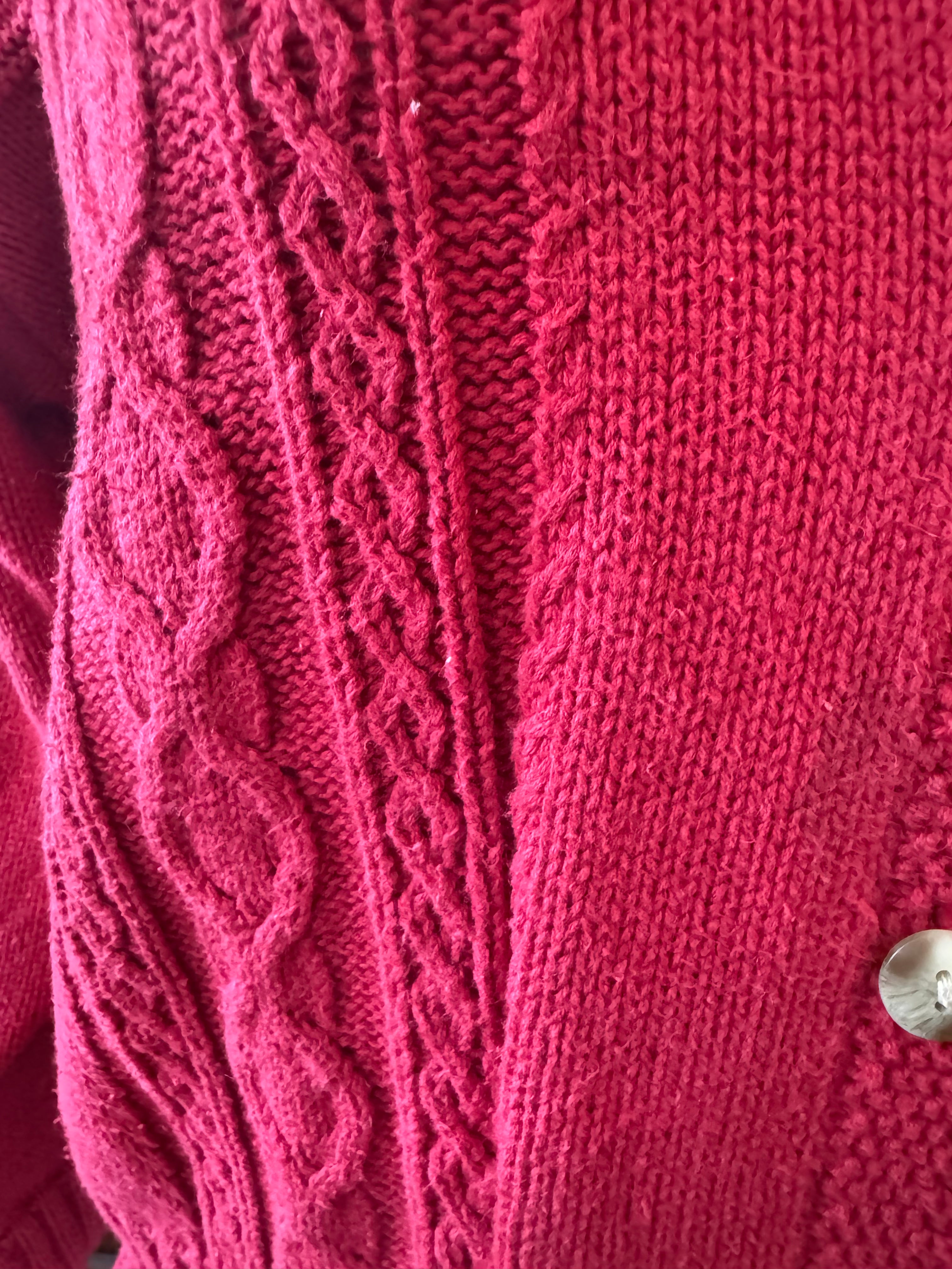 Vintage 90s Lizwear Cardigan M Red 100% Cotton Cable Knit Button Sweater