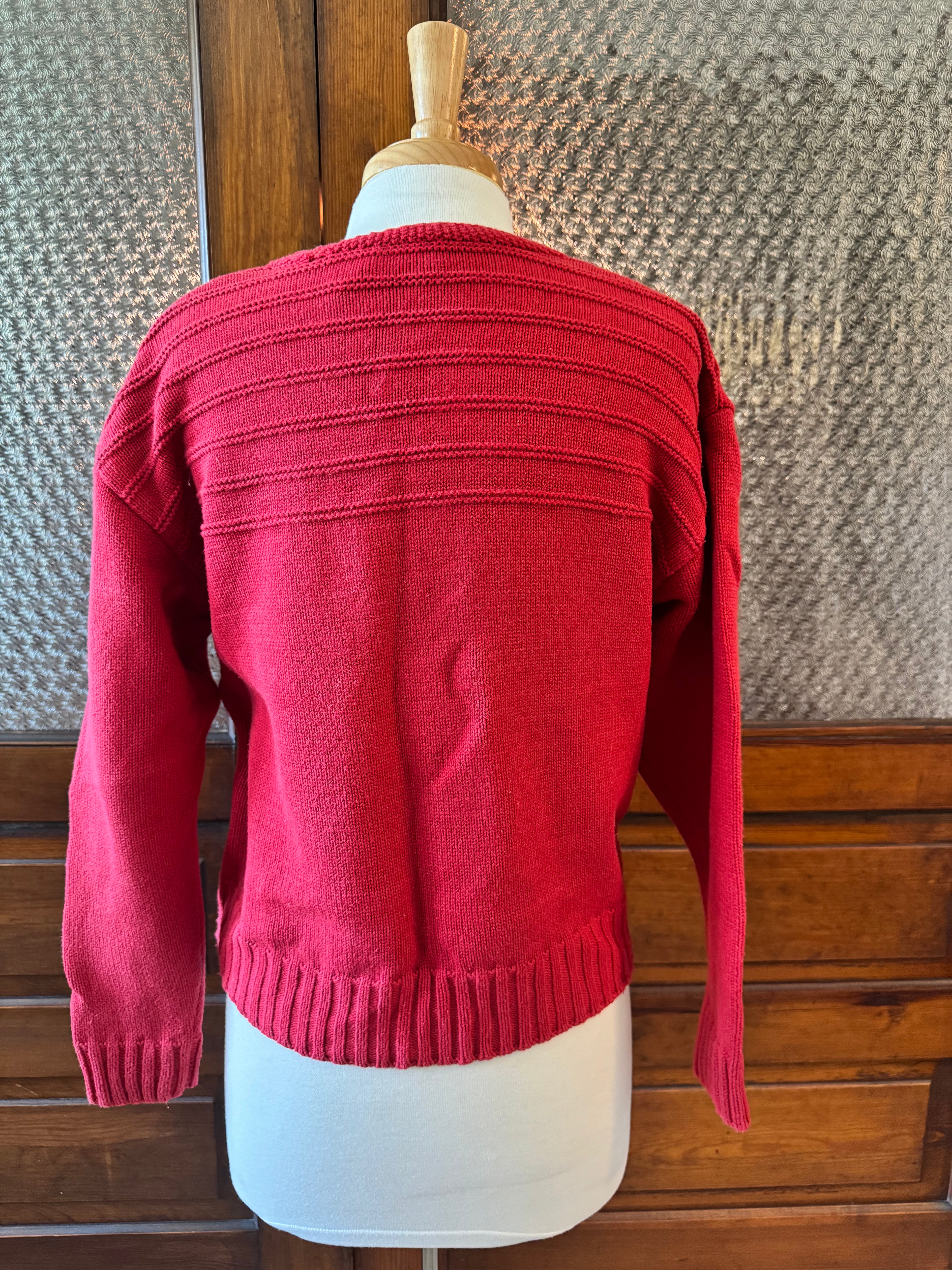 Vintage 90s Lizwear Cardigan M Red 100% Cotton Cable Knit Button Sweater