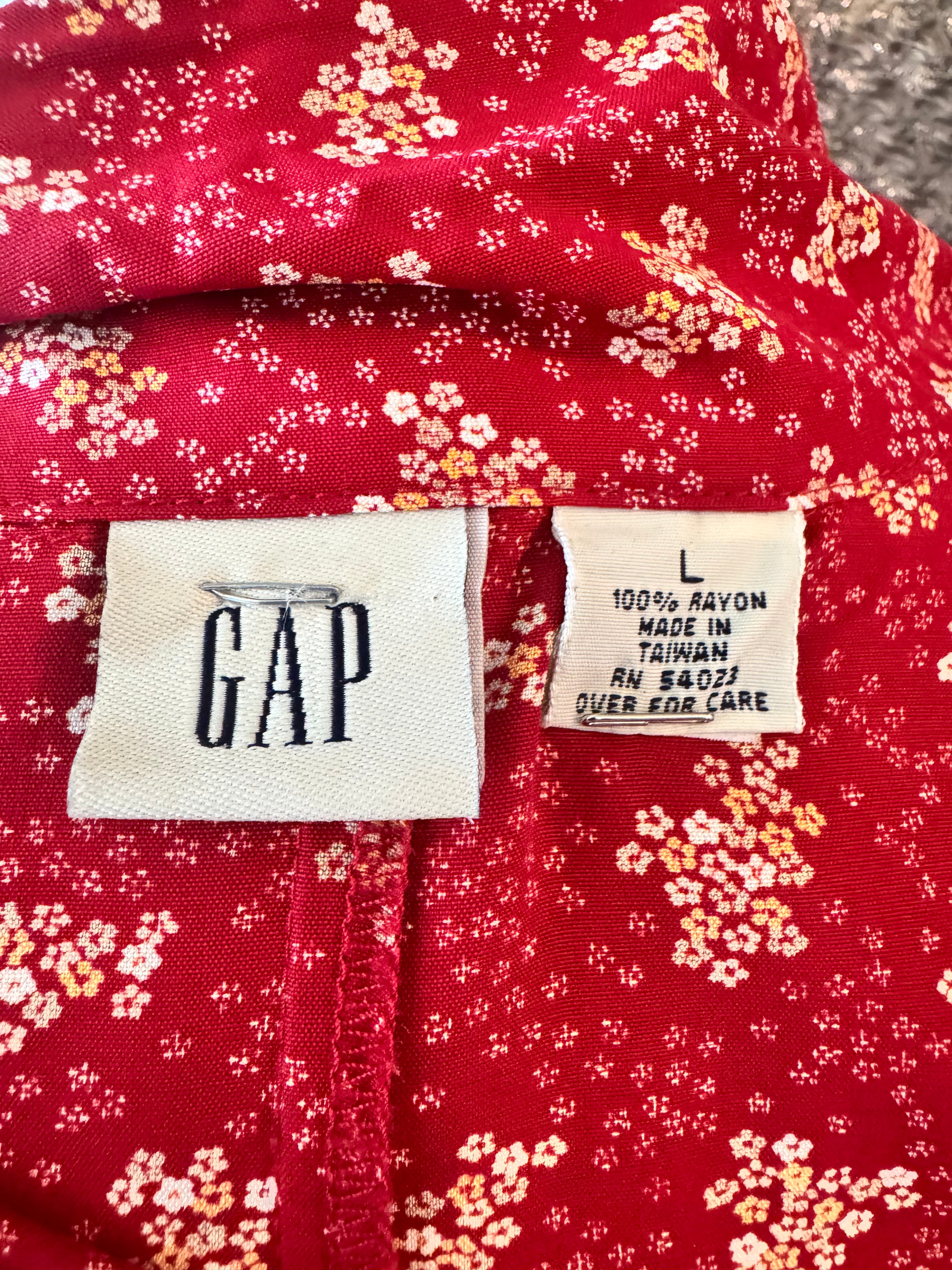 Vintage 90s GAP Red Floral Rayon Button Front Shirt Dress Women's L