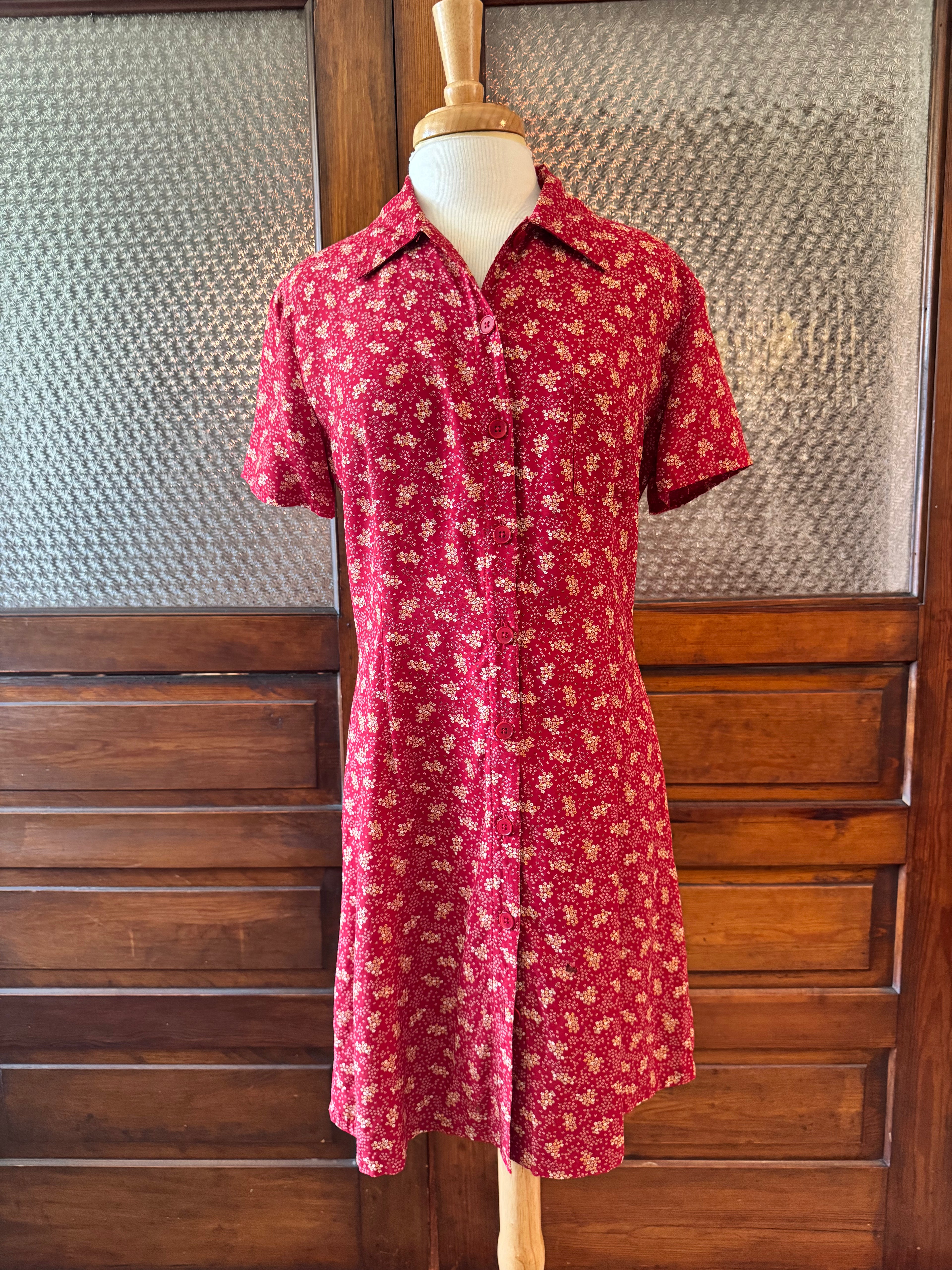 Vintage 90s GAP Red Floral Rayon Button Front Shirt Dress Women's L
