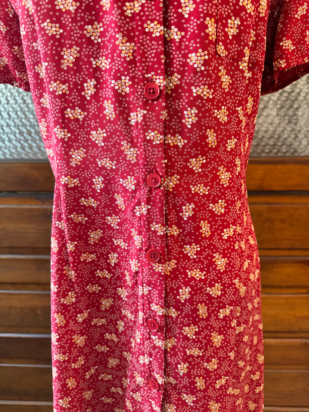Vintage 90s GAP Red Floral Rayon Button Front Shirt Dress Women's L
