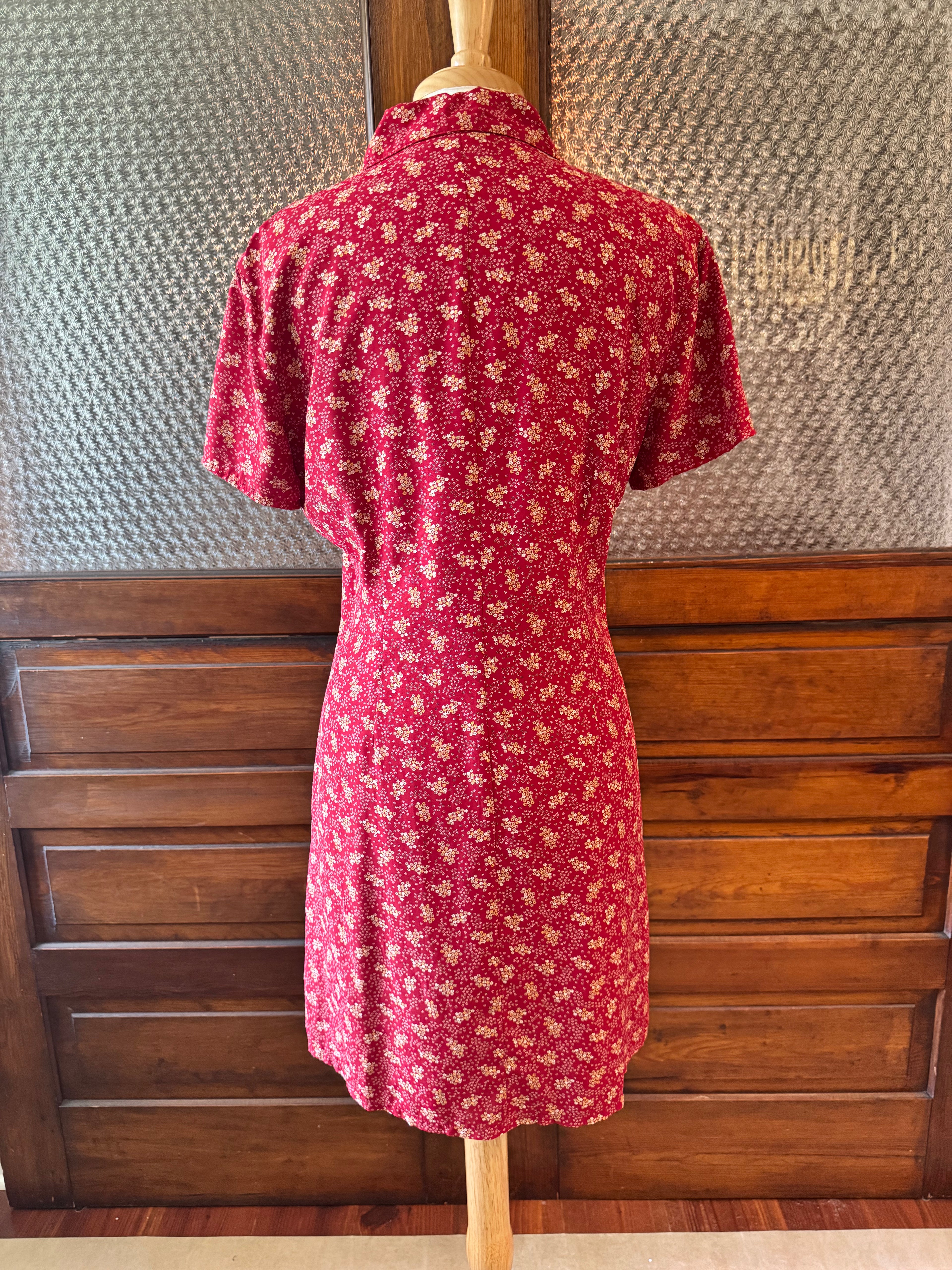 Vintage 90s GAP Red Floral Rayon Button Front Shirt Dress Women's L