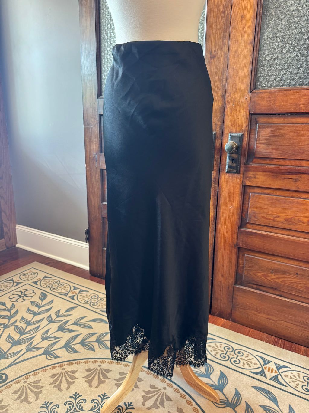 Altar'd State Haven Black Satin Lace Trim Maxi Skirt NWT Size XL