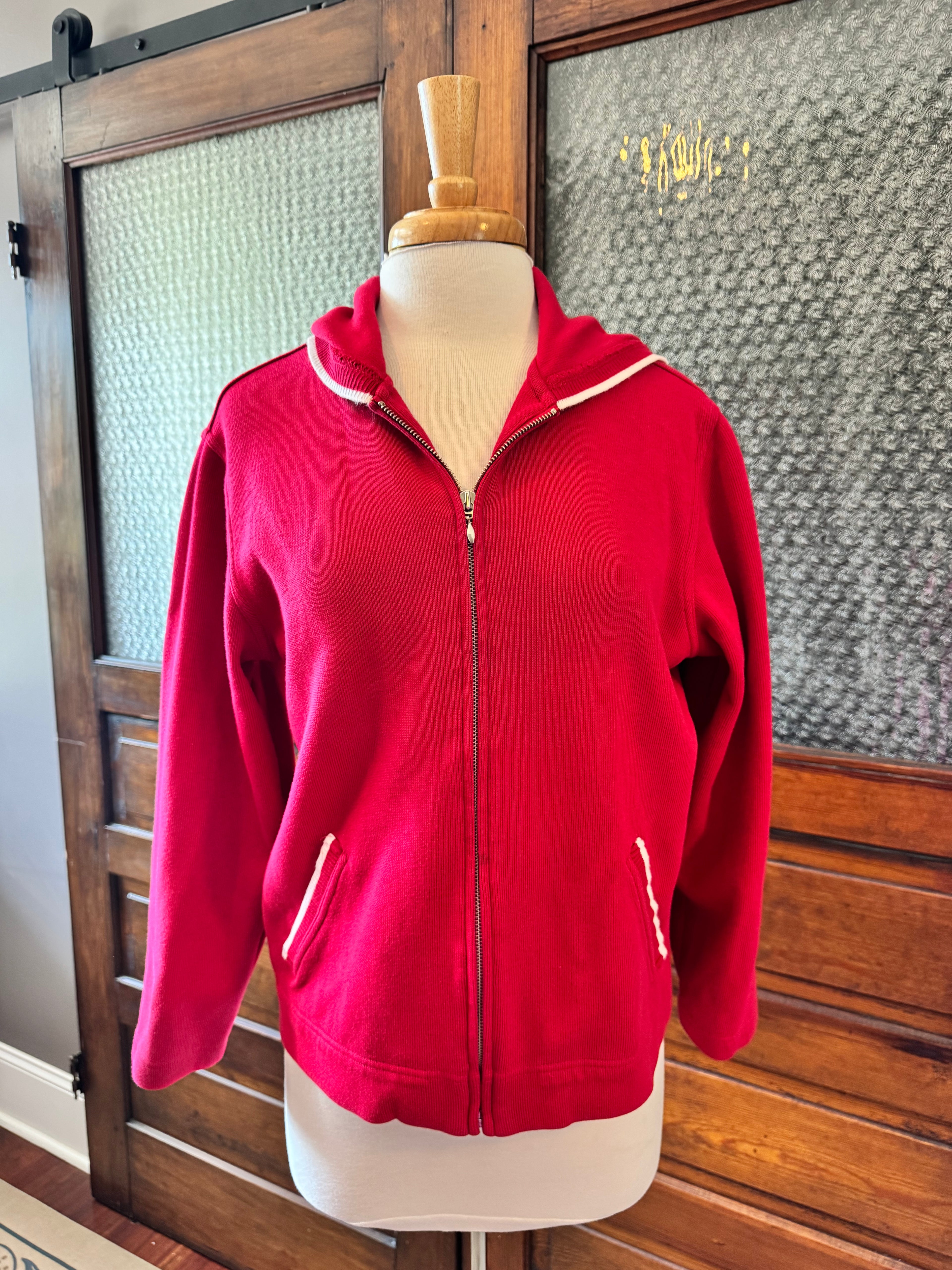 Talbots Petites Red Full Zip Hooded Jacket Women's L White Trim Preppy