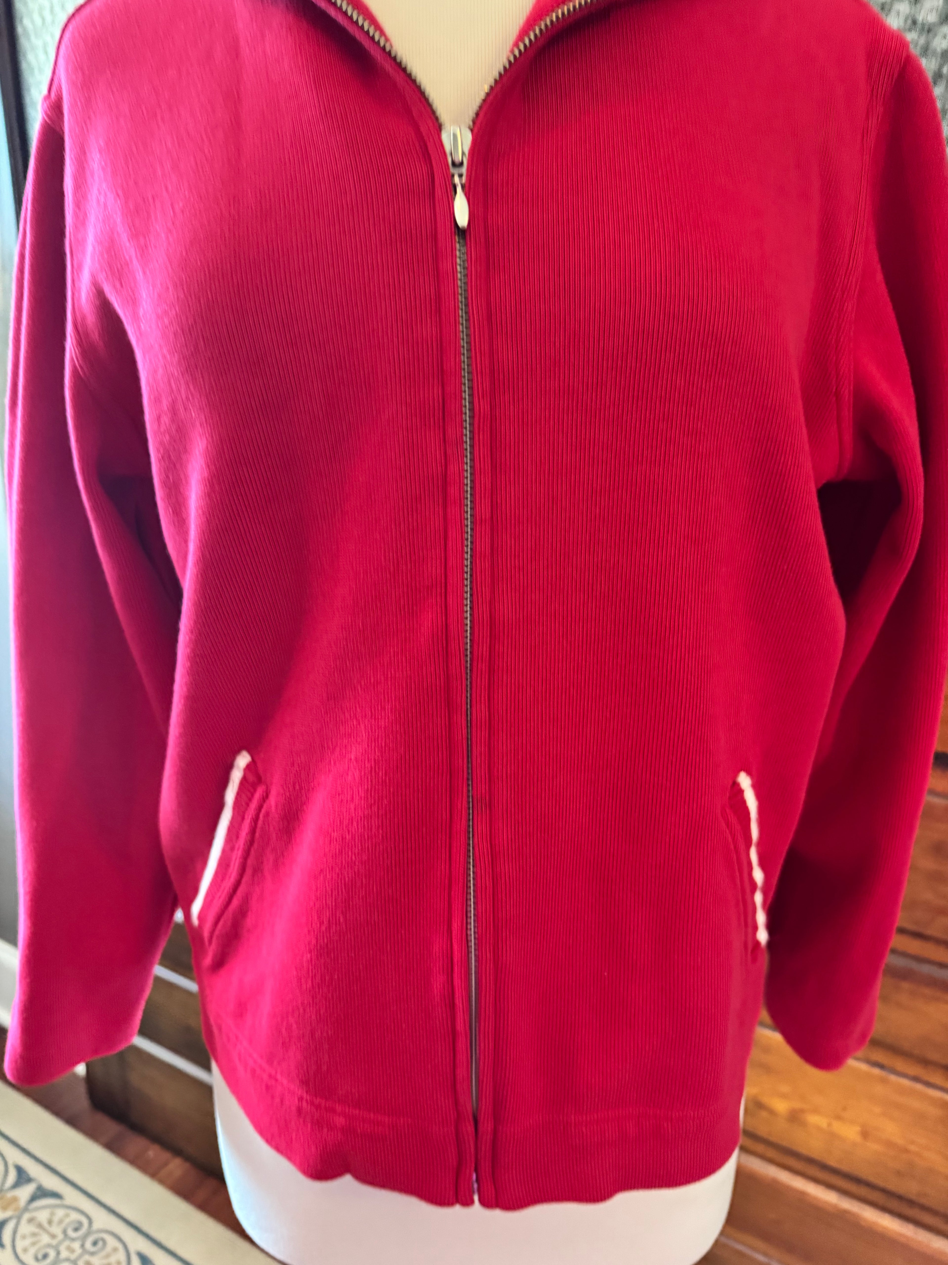 Talbots Petites Red Full Zip Hooded Jacket Women's L White Trim Preppy