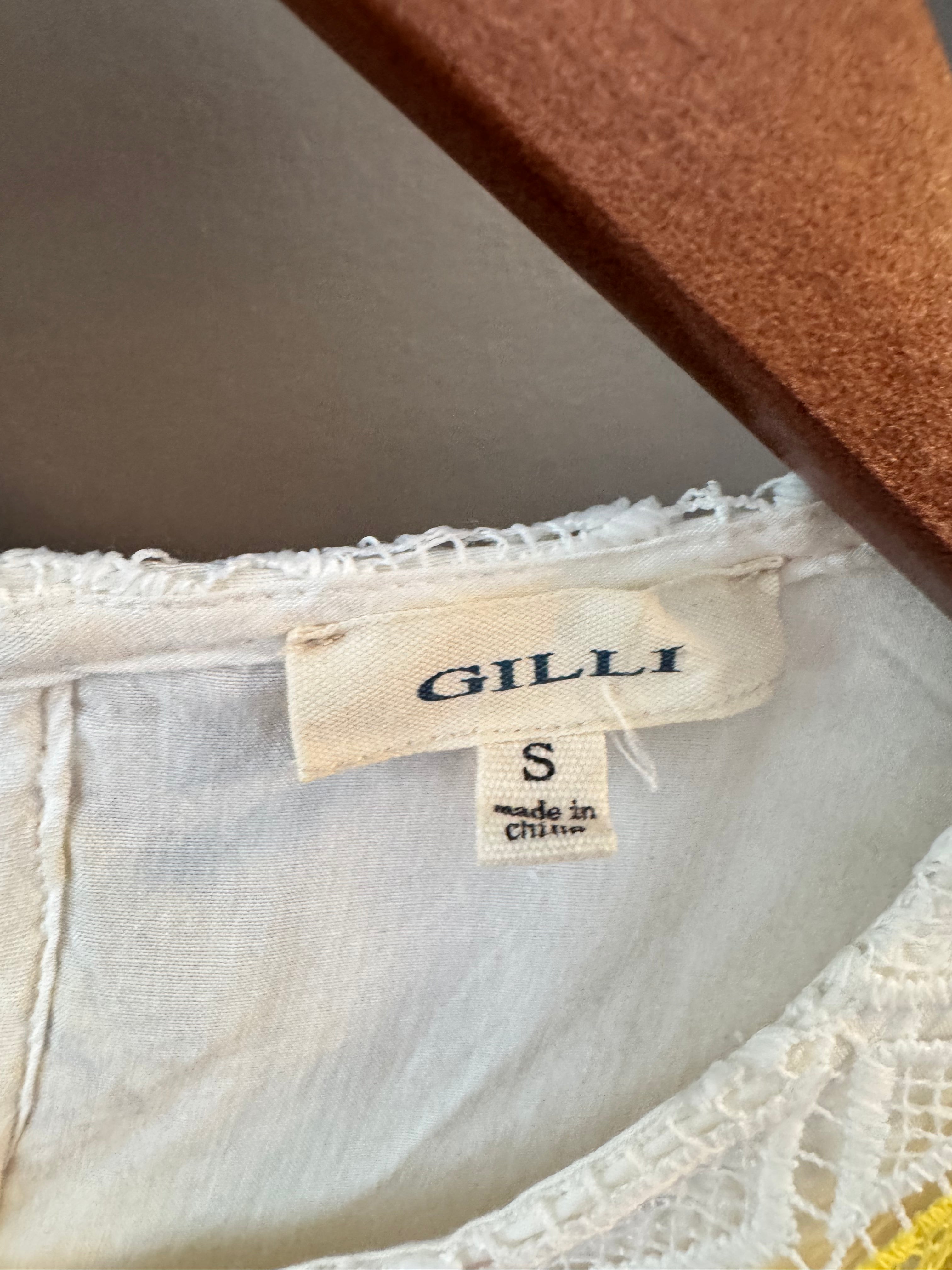 Gilli Women's Small Geometric Lace Top Yellow White Tan Sheer Short Sleeve