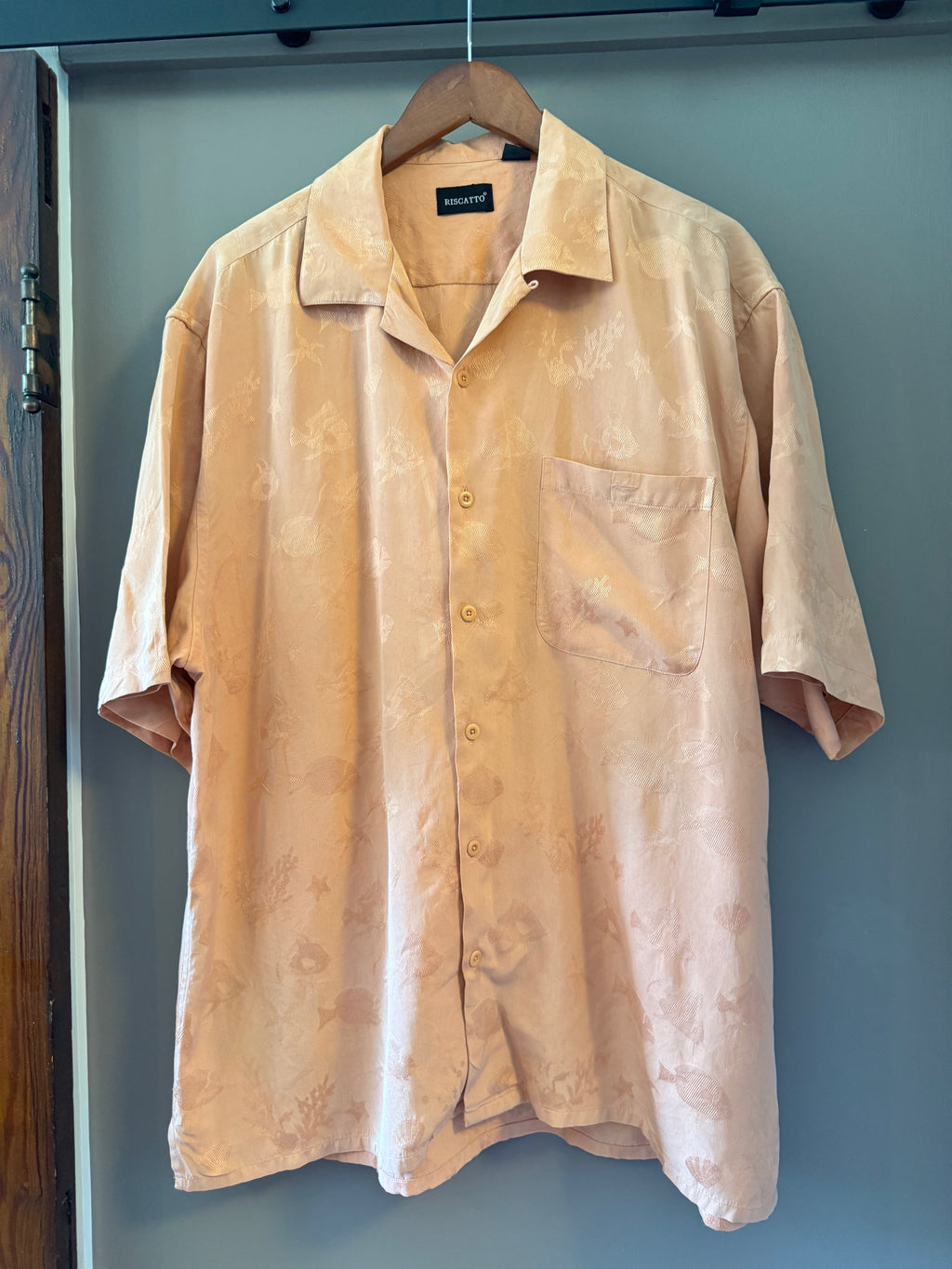 Riscatto Men's XL 100% Silk Peach Jacquard Tropical Fish Camp Shirt
