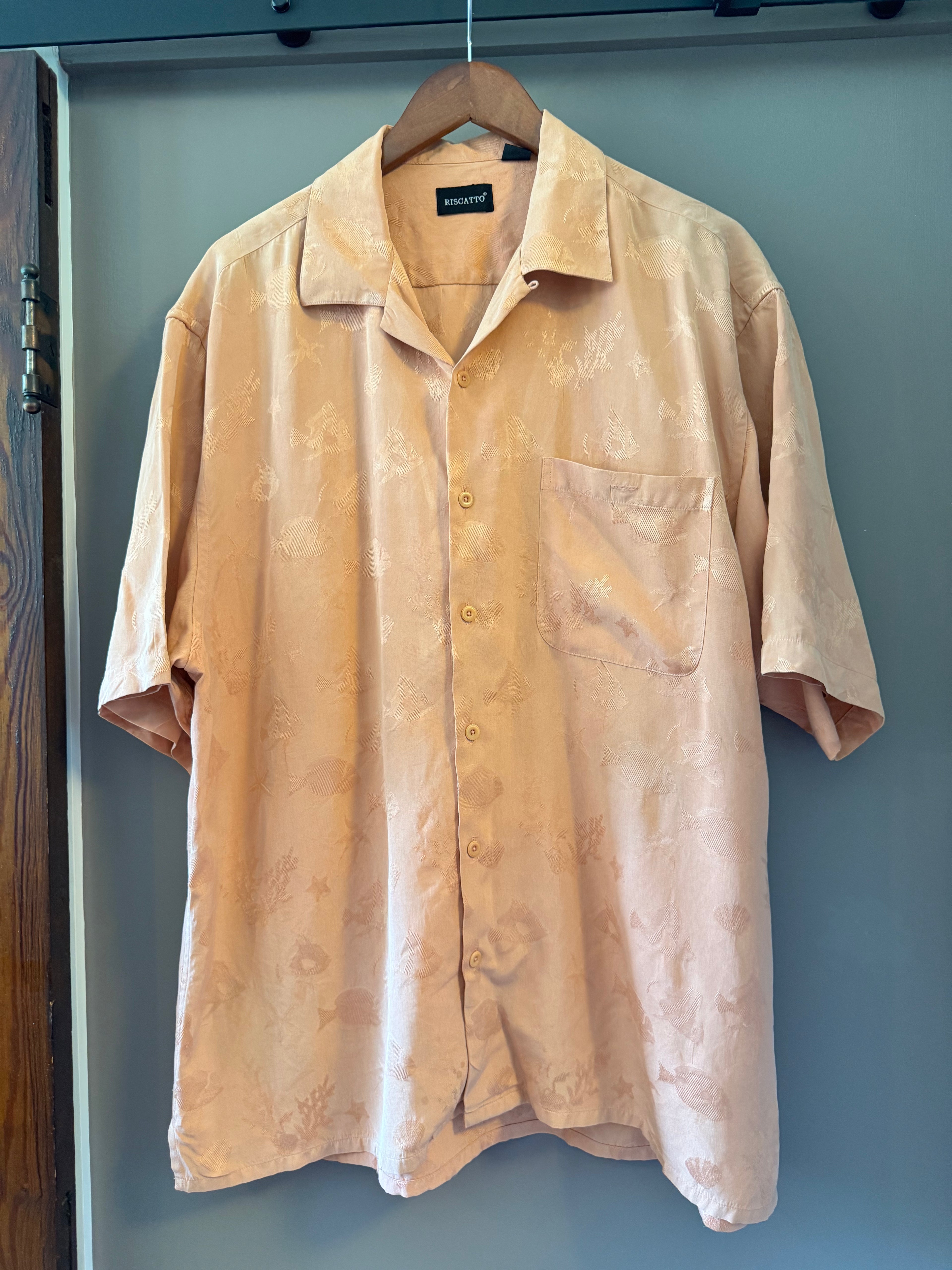 Riscatto Men's XL 100% Silk Peach Jacquard Tropical Fish Camp Shirt