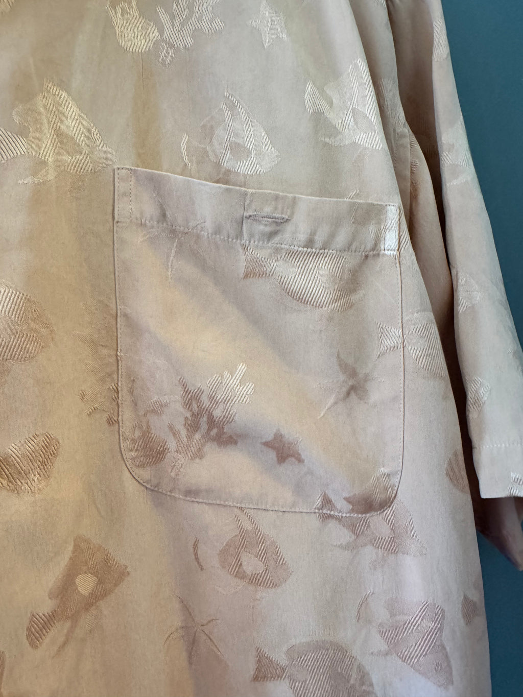 Riscatto Men's XL 100% Silk Peach Jacquard Tropical Fish Camp Shirt